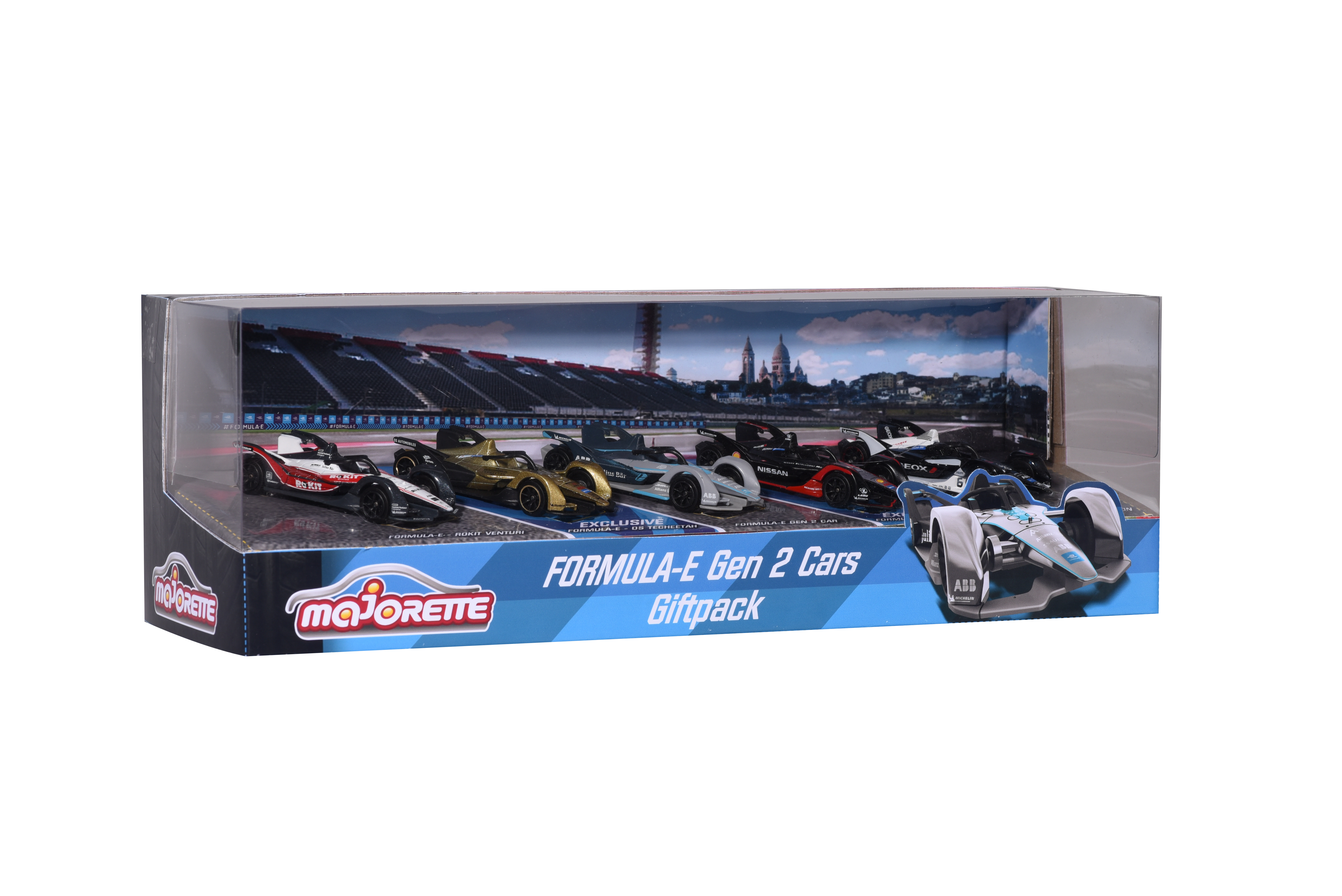 Eine Geschenkpackung mit Spielzeug-Formel-E-Gen-2-Autos in einer transparenten Box. Die Autos sind in verschiedenen Farben gehalten.