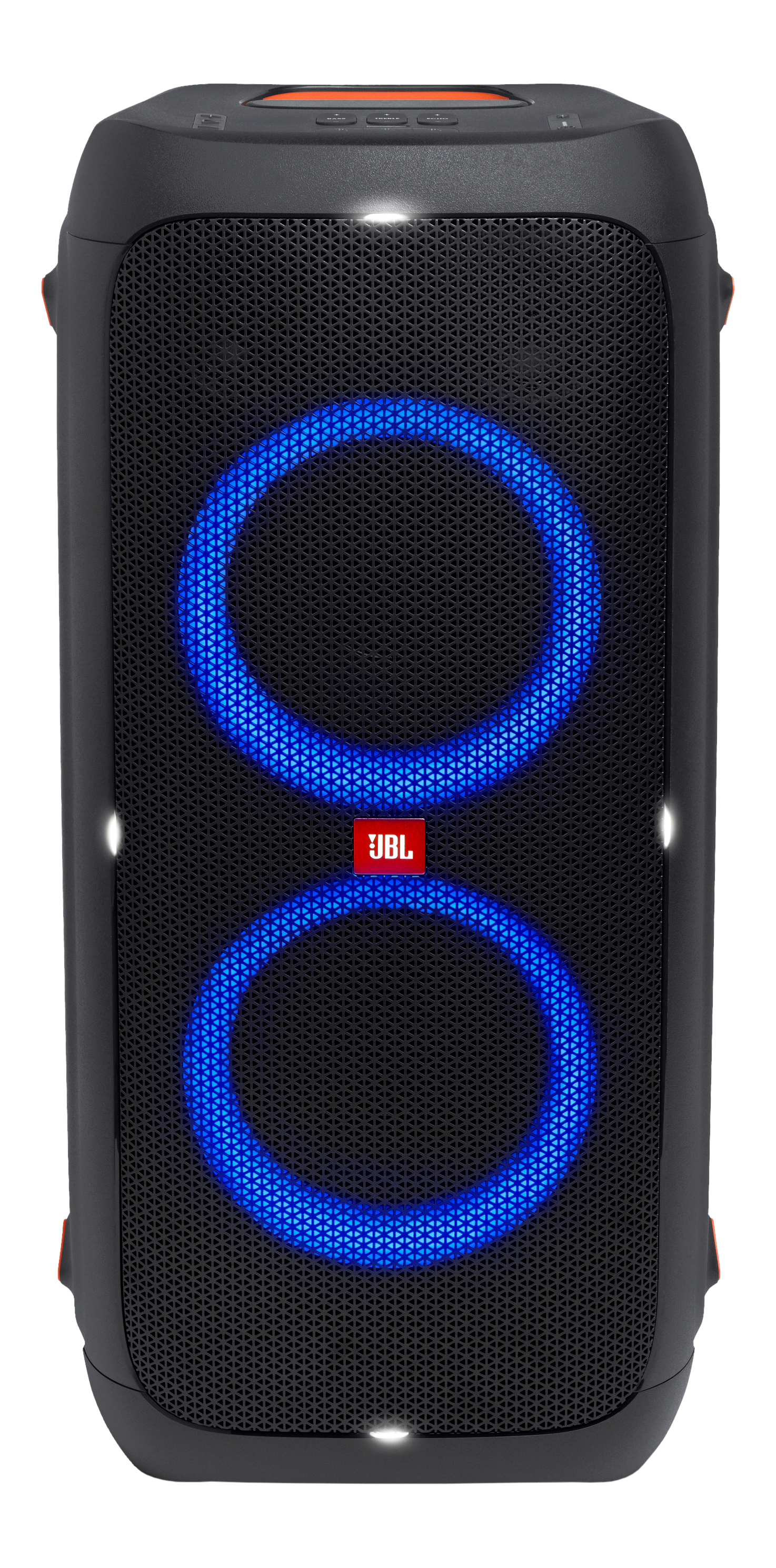 Ein schwarzer tragbarer JBL-Lautsprecher mit blauen Lichtringen.