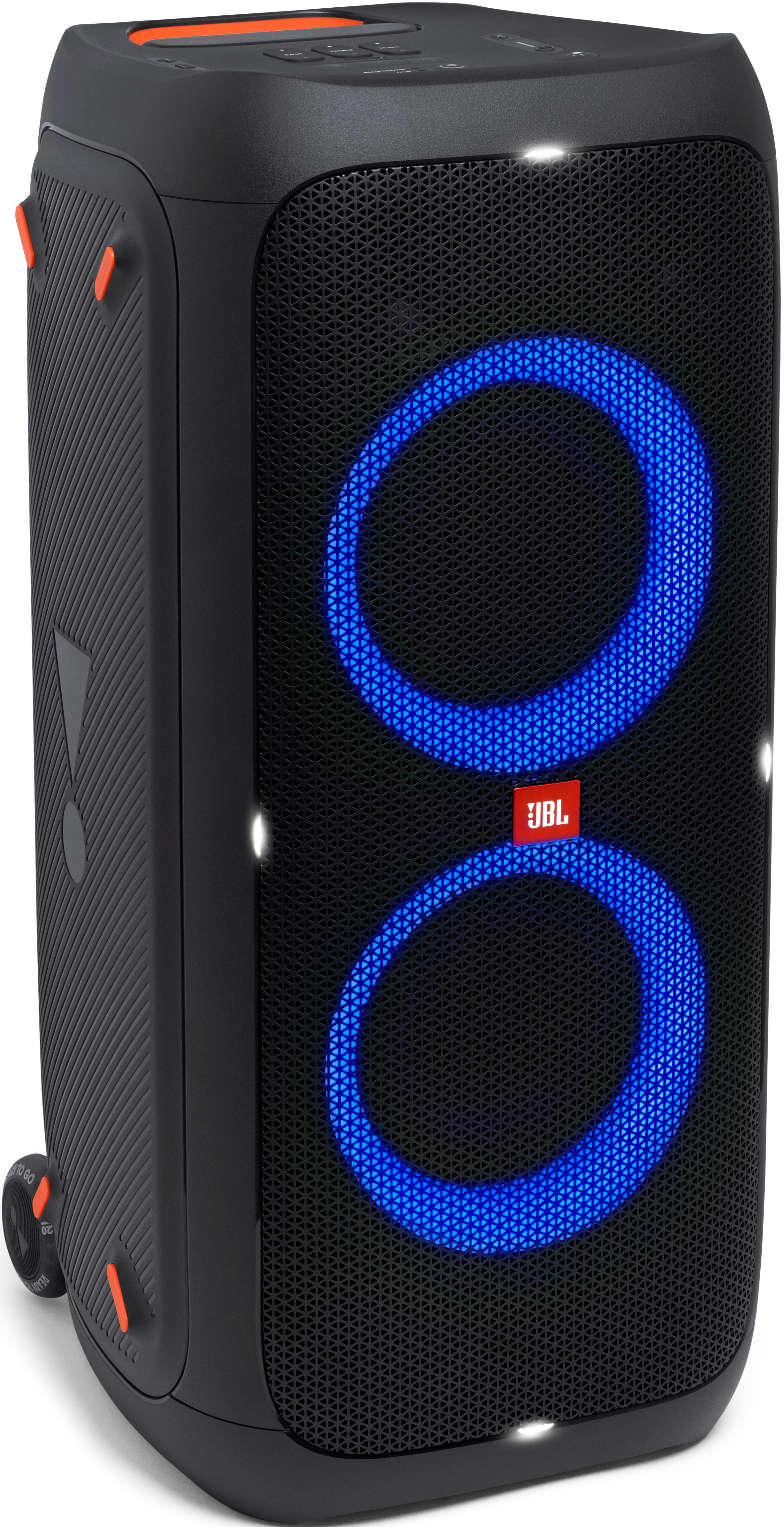 Schwarzer Lautsprecher mit blauen Lichtringen. JBL Logo ist sichtbar. Isoliert auf weißem Hintergrund.