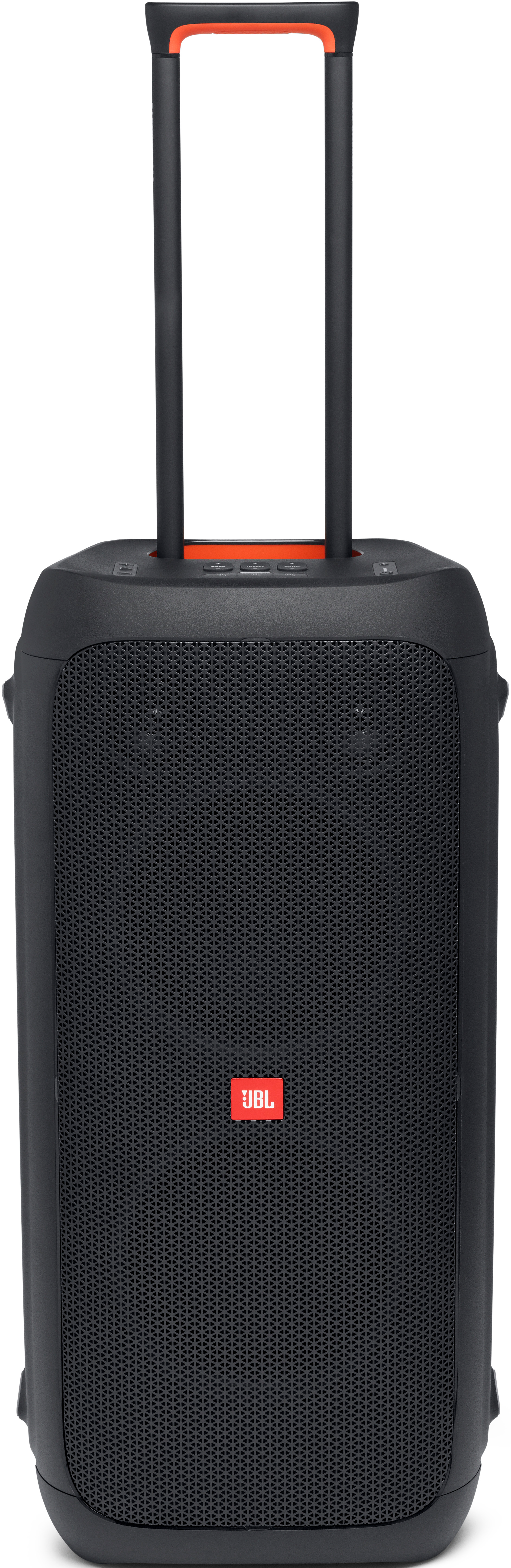 Schwarzer JBL-Lautsprecher mit Griff, Frontgrill und Logo.