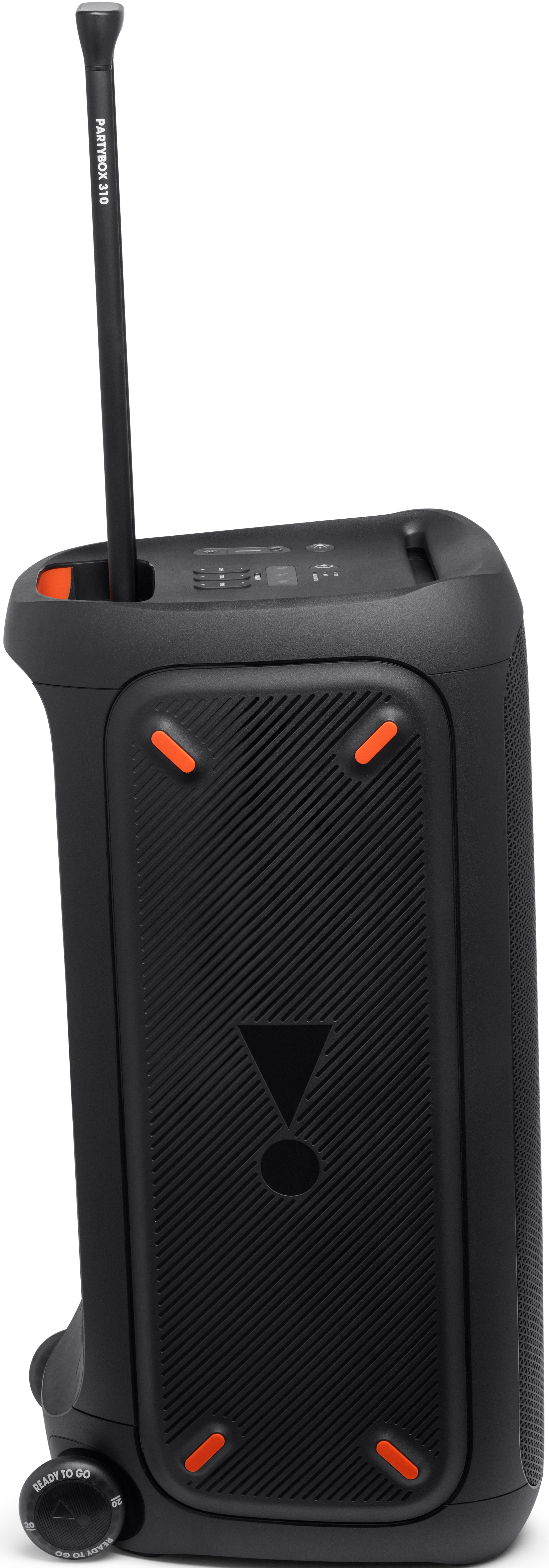 Schwarzer JBL PartyBox-Lautsprecher mit Tragegriff und Rädern.