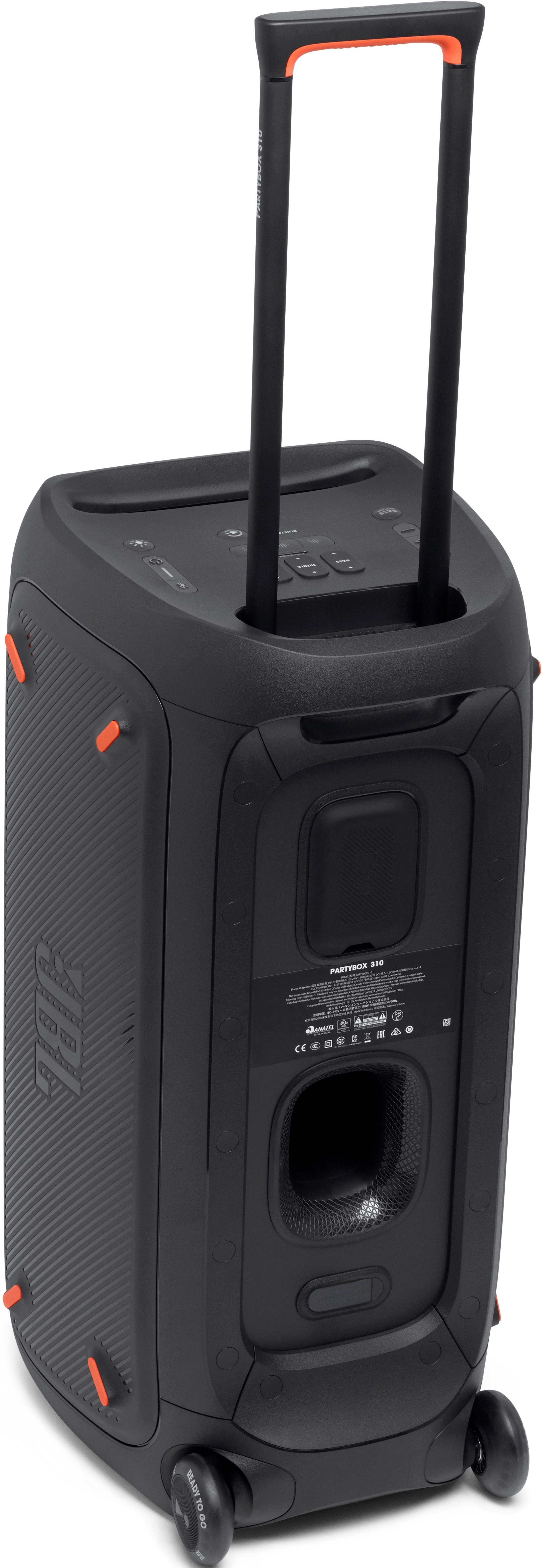 Schwarzer JBL PartyBox-Lautsprecher mit Griff, Rädern und orangefarbenen Akzenten.