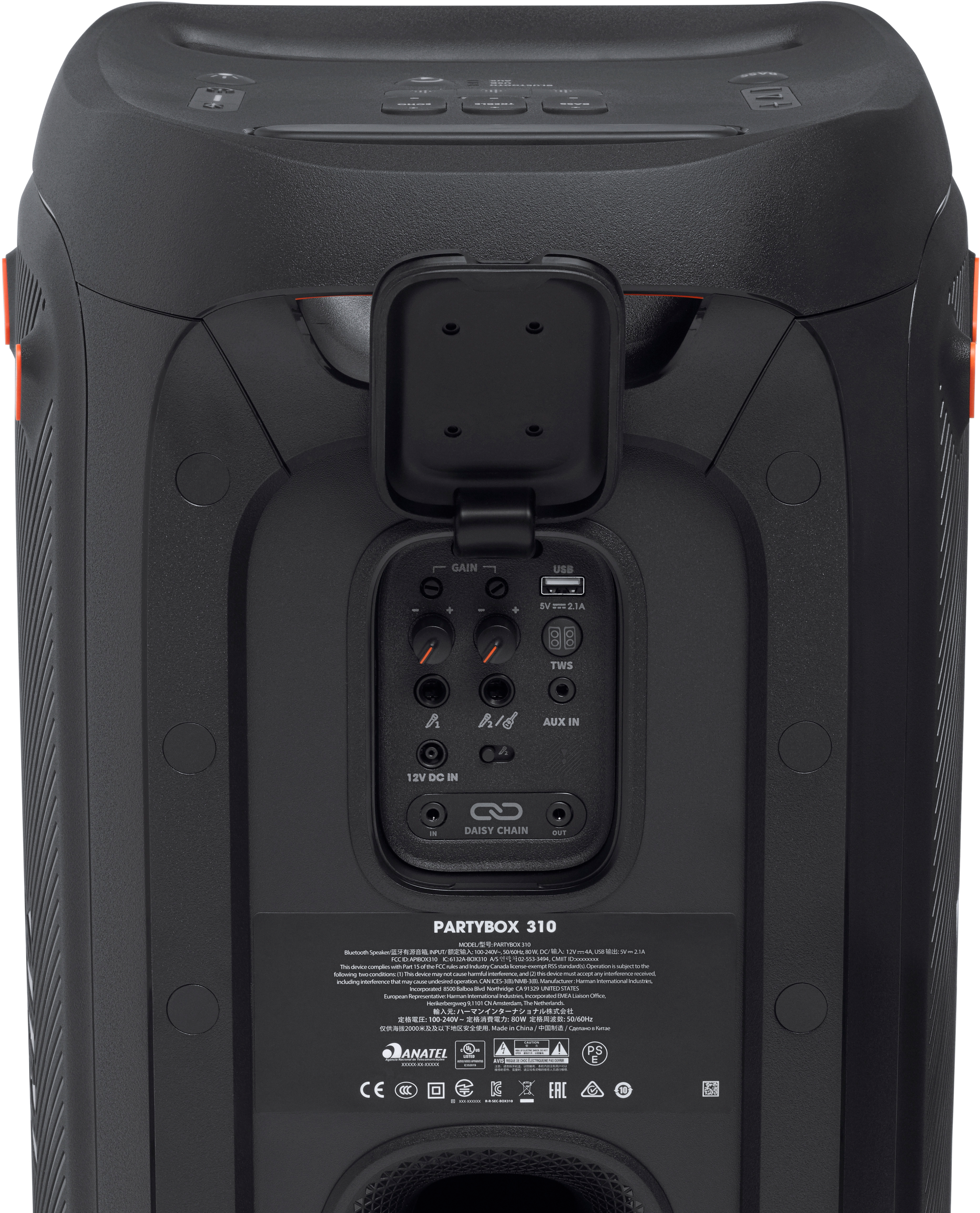 Schwarzer JBL Partybox 310 Lautsprecher mit Bedienelementen auf der Rückseite.
