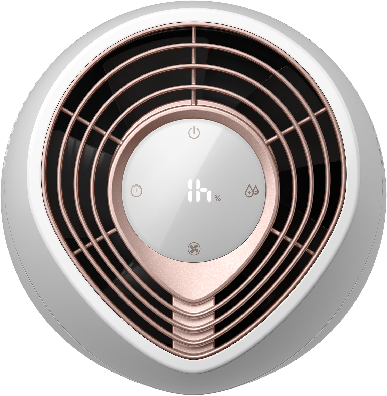 Top view of a humidifier. It has a rose gold design and white accents.  It displays humidity.