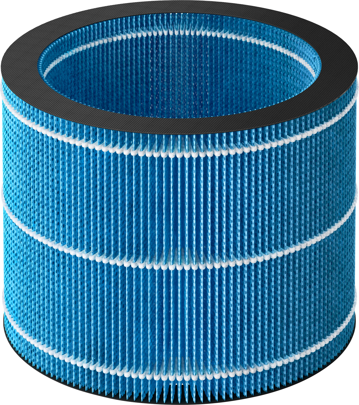 Cylindrical air filter. It is mostly blue and has white and black bands. The filter is new.