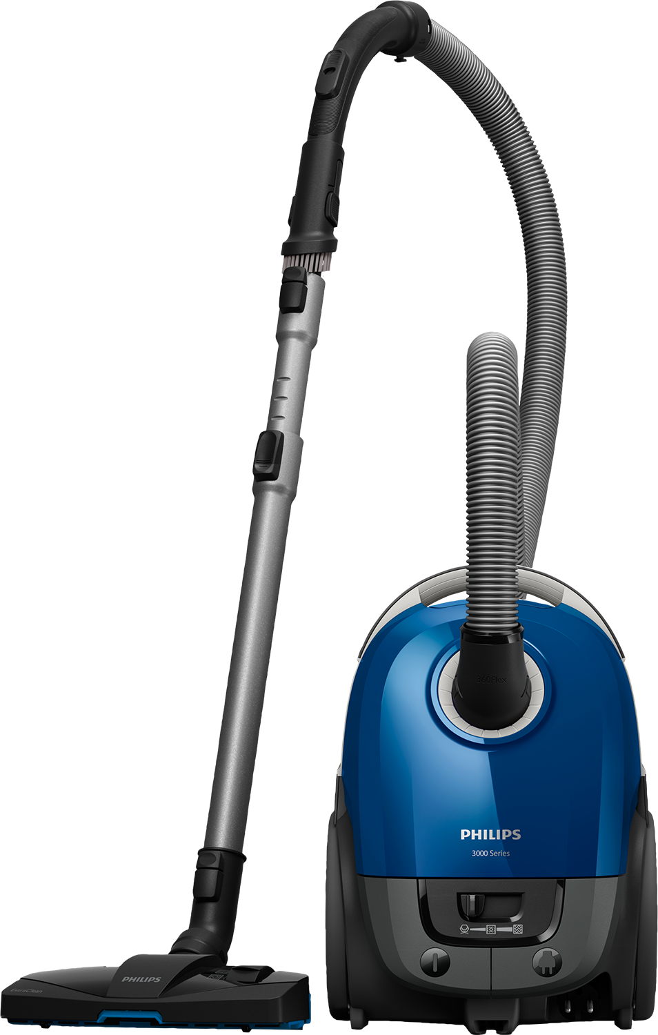 Blauwe en grijze Philips stofzuiger met hulpstukken.