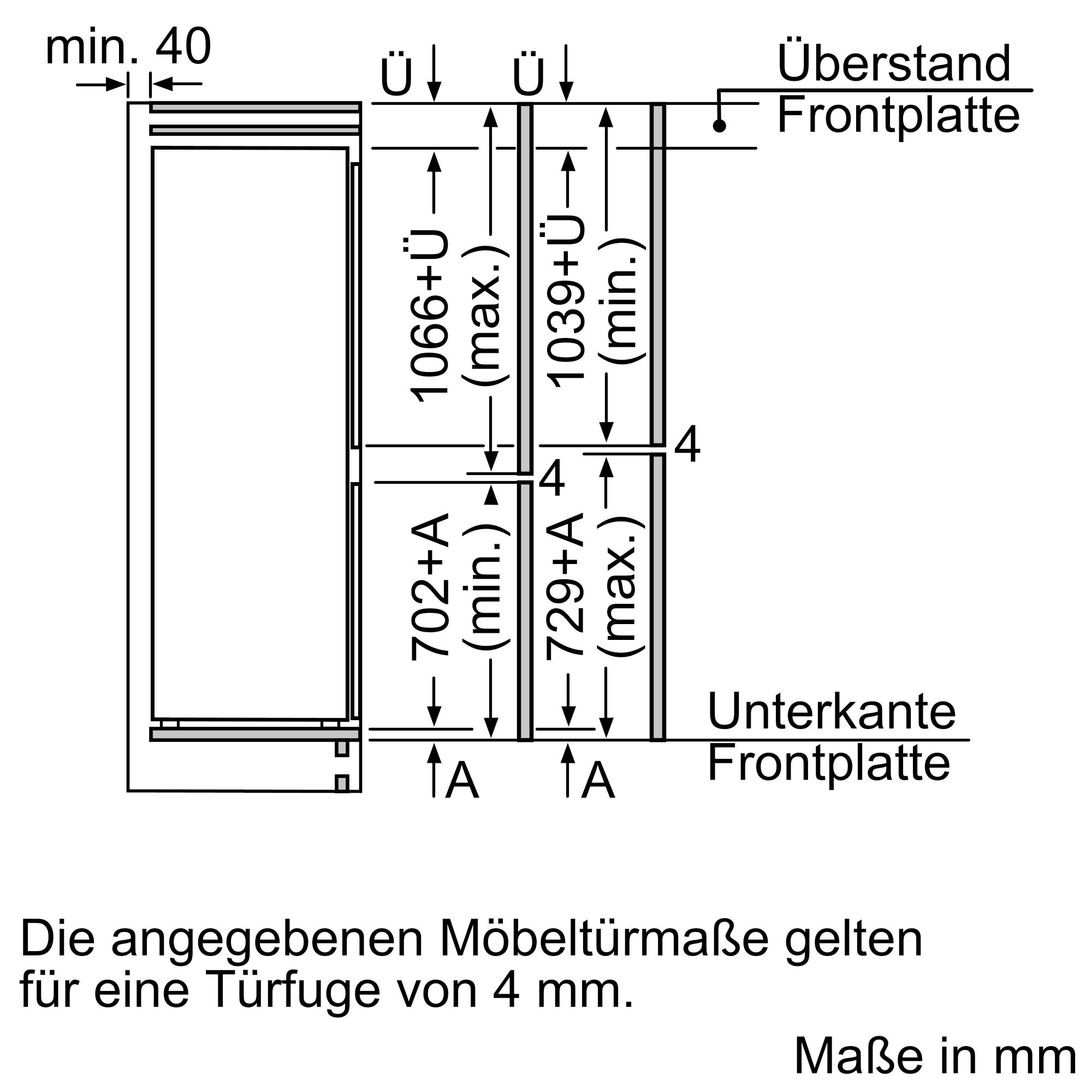 Diagramm einer Schranktür mit Abmessungen in mm, Beschriftung auf Deutsch.