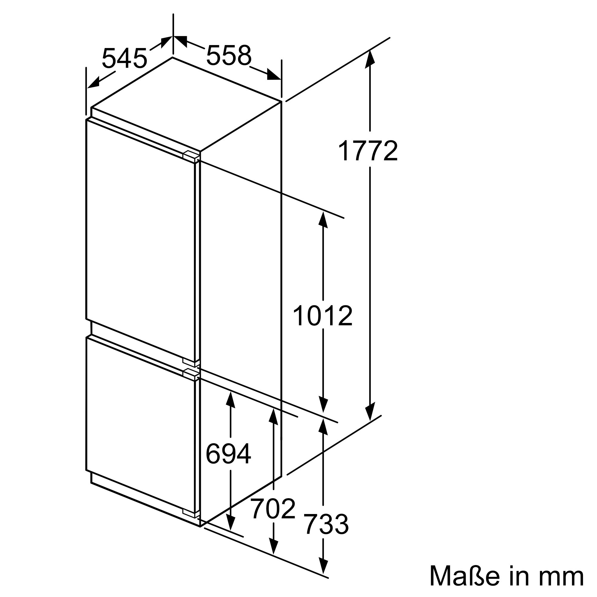 Diagramm eines Kühlschranks. Zeigt Abmessungen und Umriss des Geräts.
