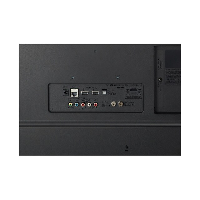 Panel trasero de un televisor negro. Incluye varios puertos de entrada: LAN, HDMI, AV y antena, entre otros.