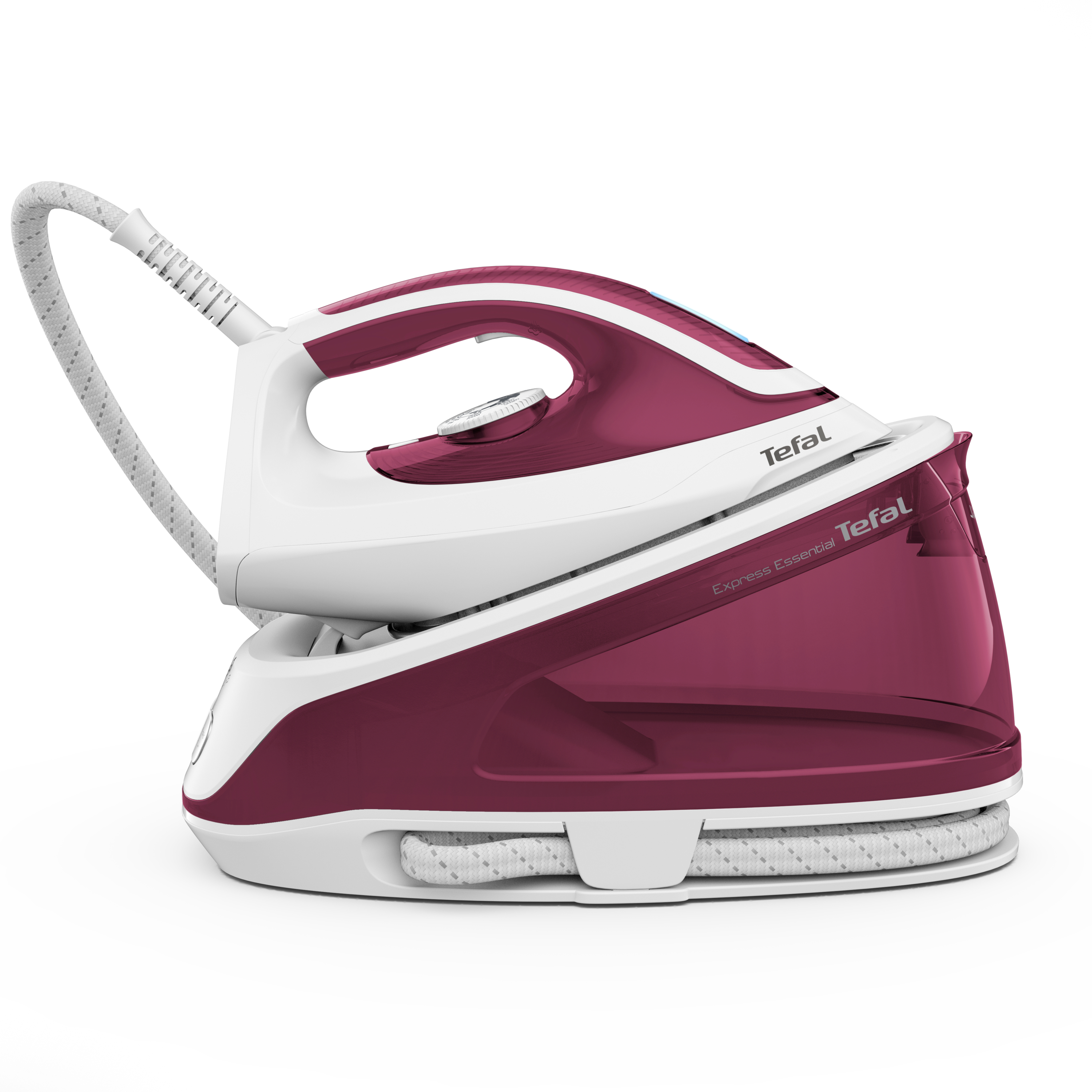 Weißes und bordeauxrotes Tefal-Bügeleisen mit flexiblem Kabel und Wassertank.