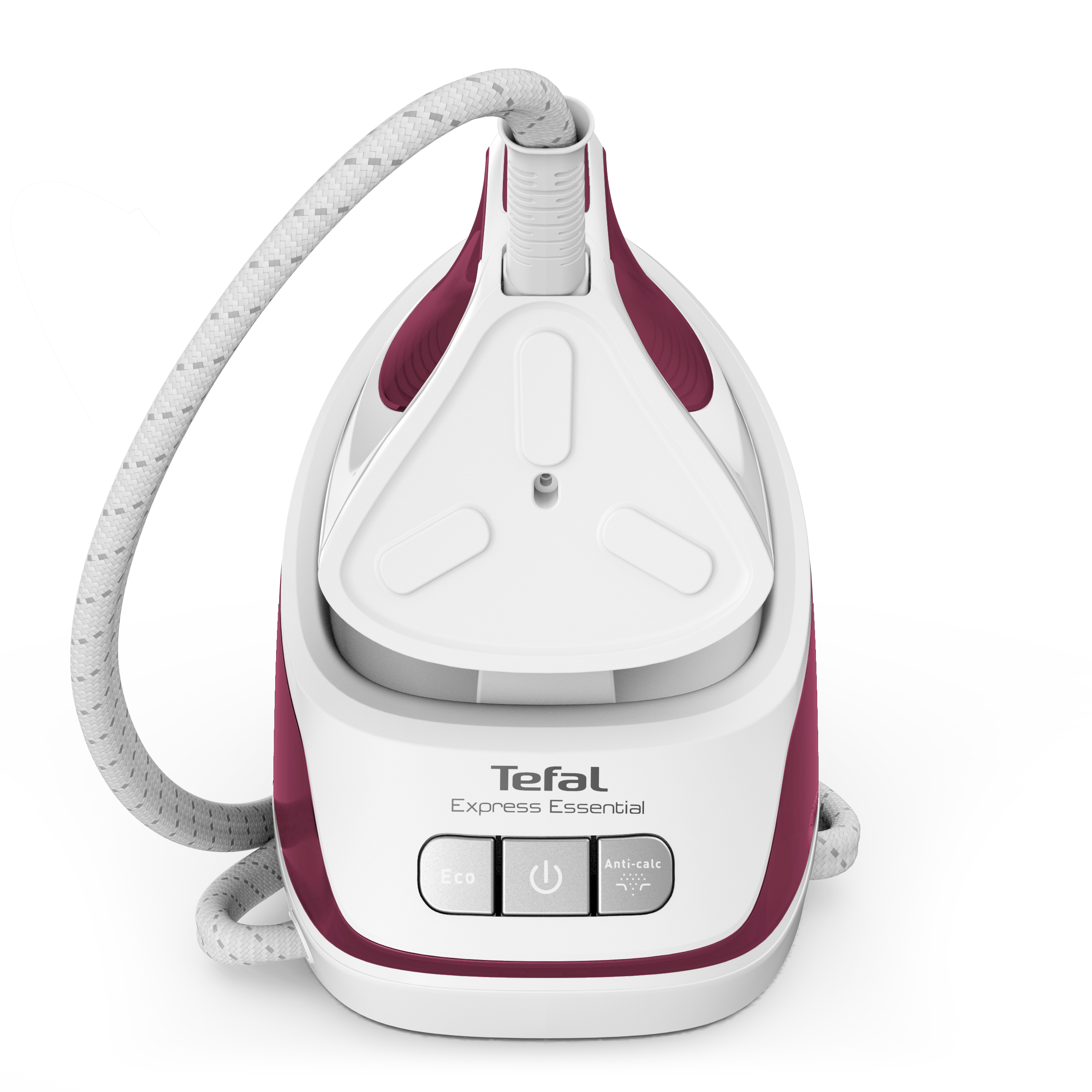 Weißes und weinrotes Tefal Express Essential Dampfbügeleisen, auf weißem Hintergrund.