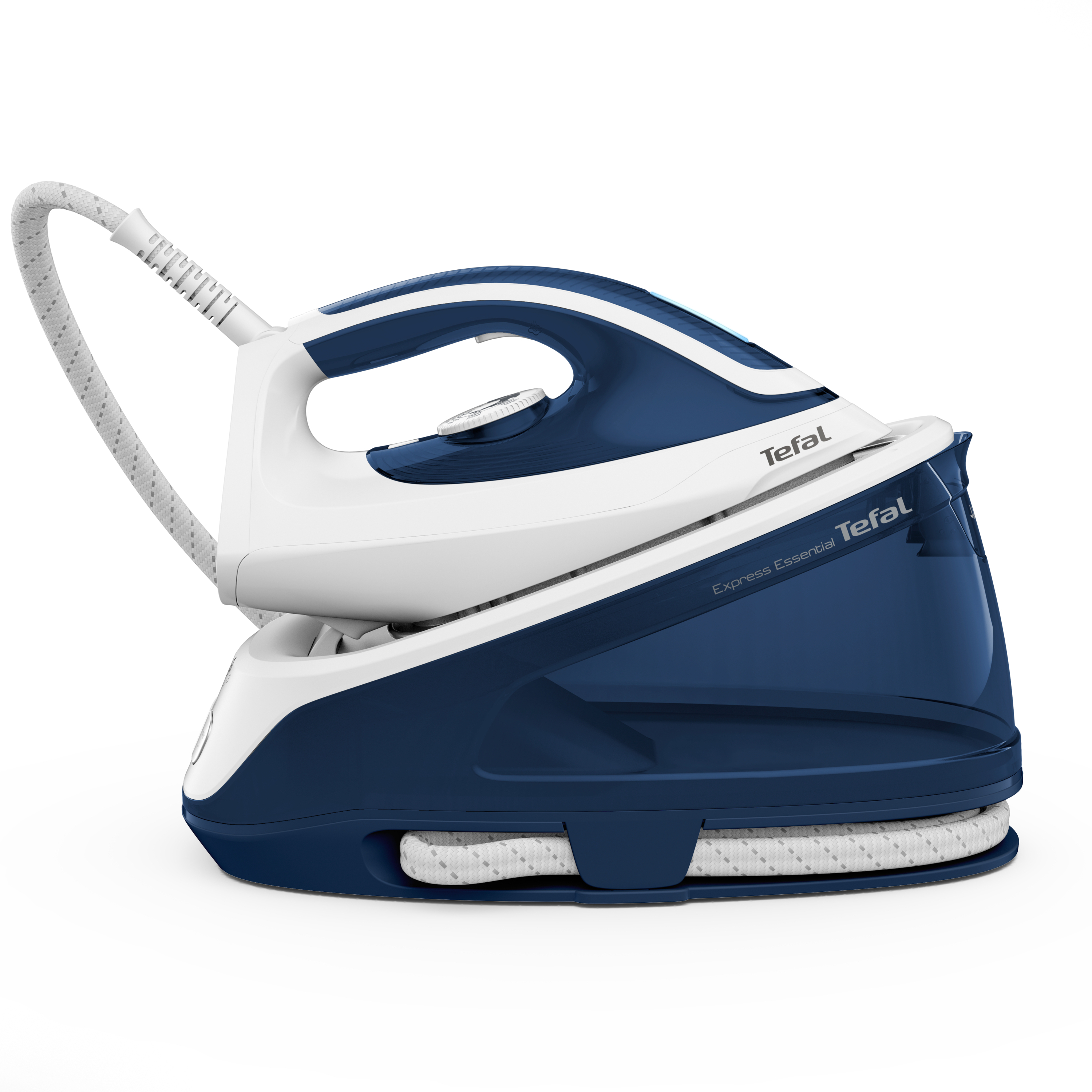 Blau-weißes Bügeleisen. Weiße Basis, blauer Aufsatz. Dampf- und Tefal-Branding. Weißer Hintergrund.
