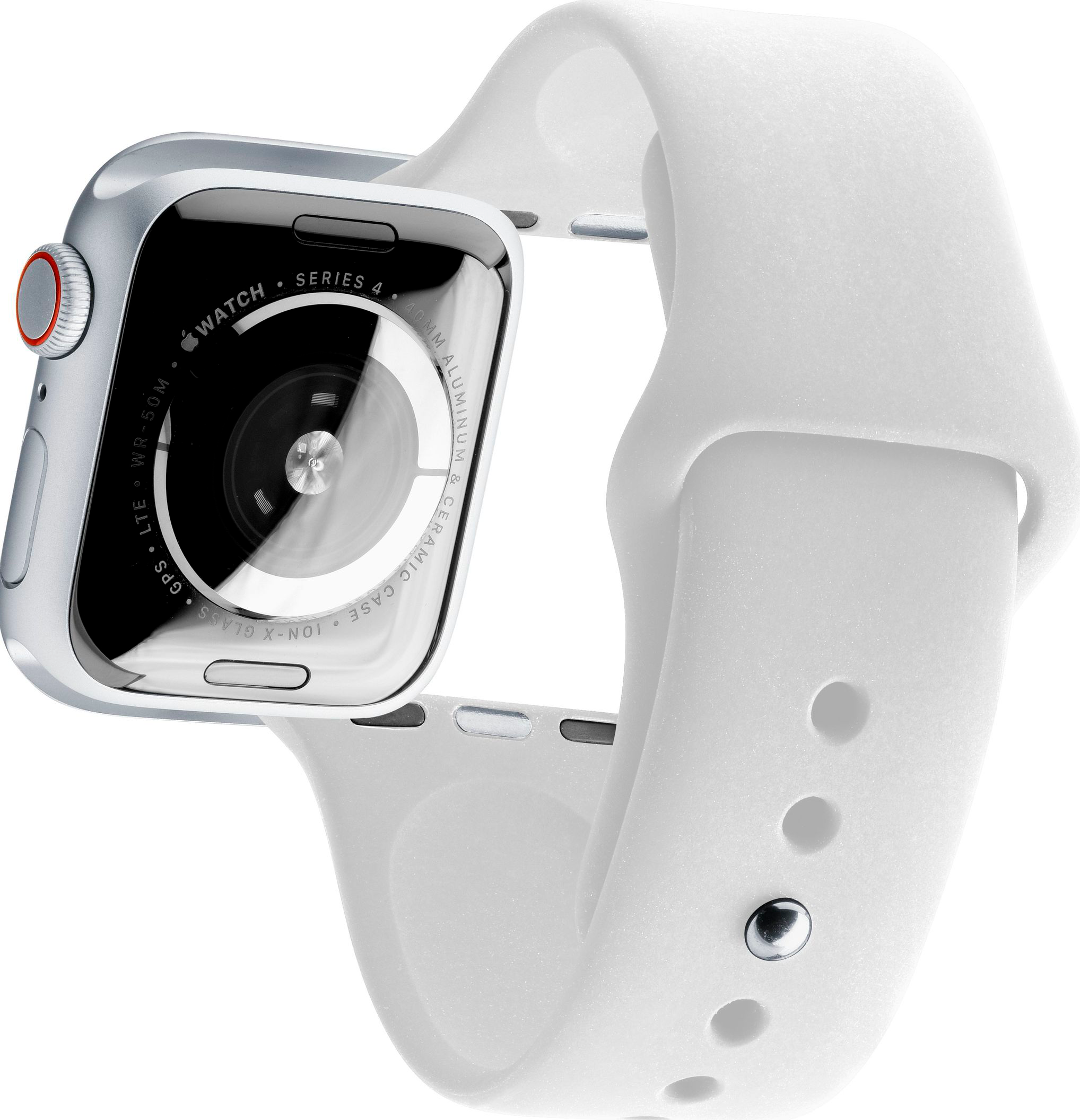Silberne Apple Watch Series 4 mit weißem Armband. Das Zifferblatt ist sichtbar.