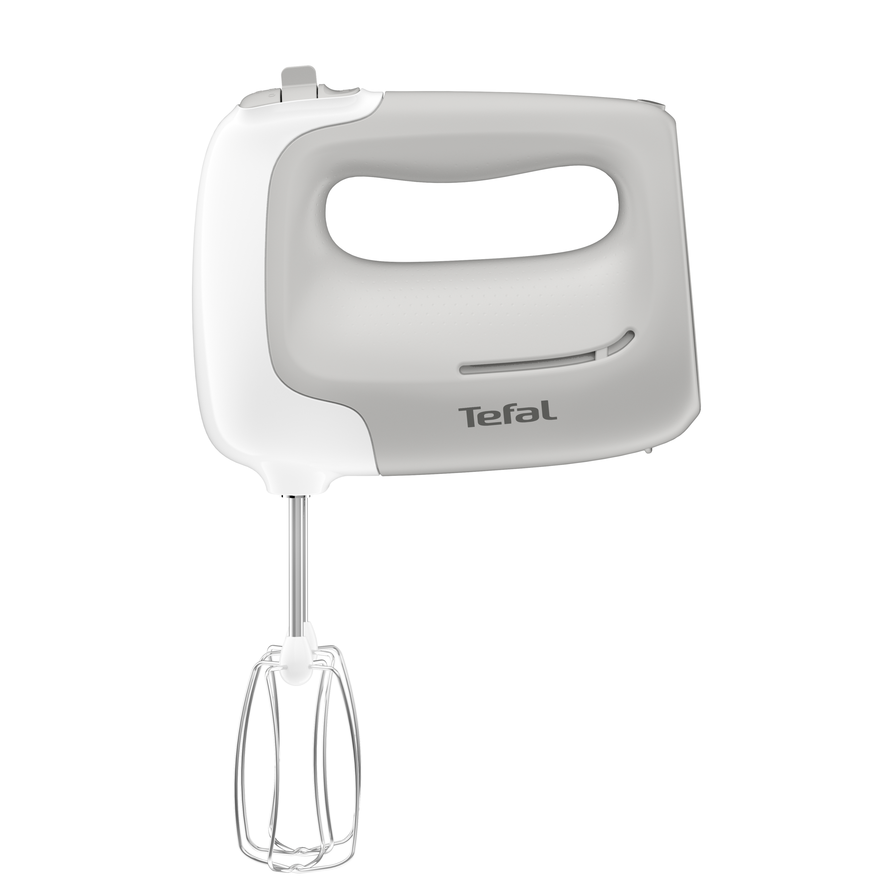 Ein weiß-grauer Tefal Handmixer mit Markennamen an der Seite und einem Schneebesen.