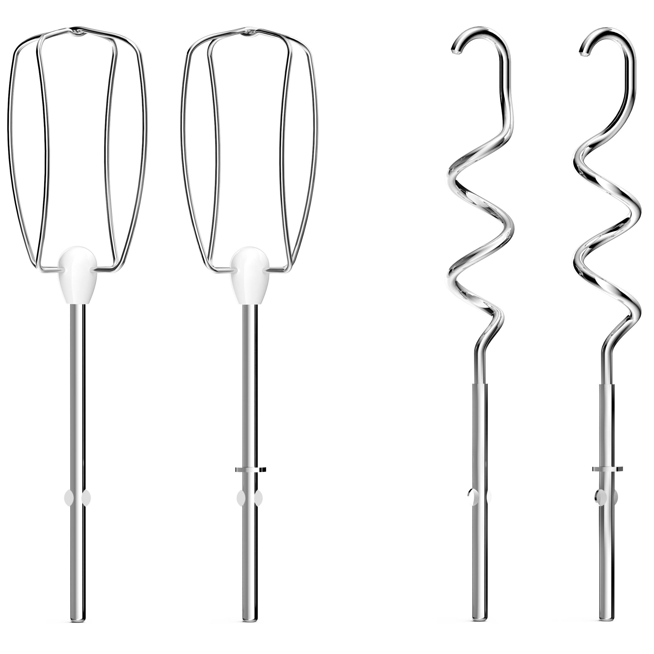 Vier Rühraufsätze für einen Handmixer: zwei Schneebesen und zwei Knethaken.