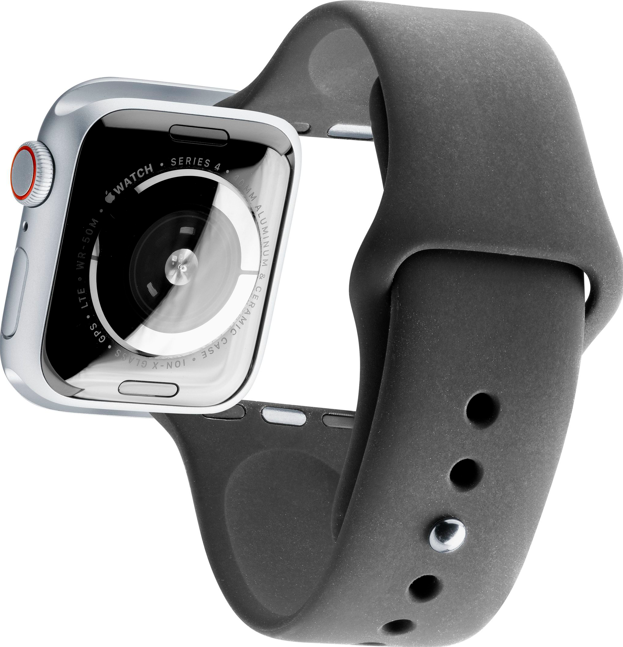 Silberne Apple Watch Series 4 mit dunkelgrauem Armband.
