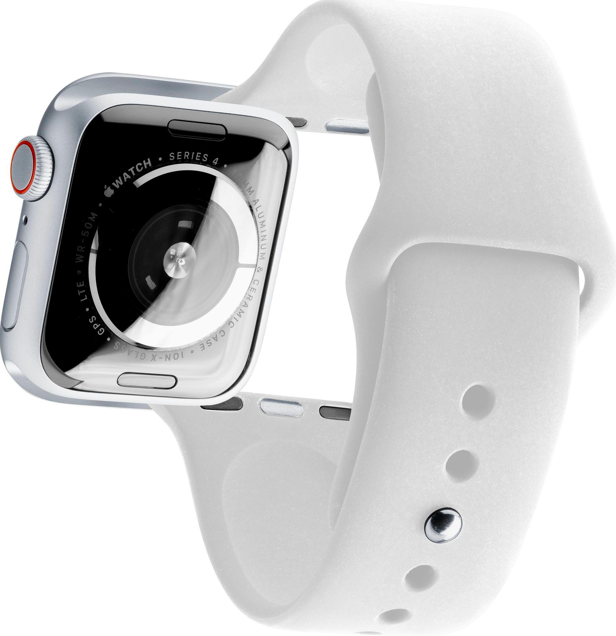 Silberne Apple Watch Series 4 mit weißem Armband, Nahaufnahme. Weißer Hintergrund.