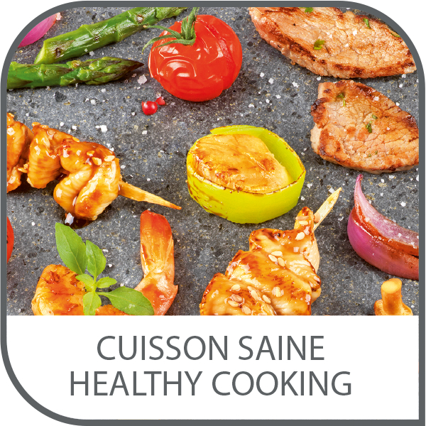 Eine Kochfläche mit verschiedenen gekochten Speisen, mit dem Text "CUISSON SAINE HEALTHY COOKING".
