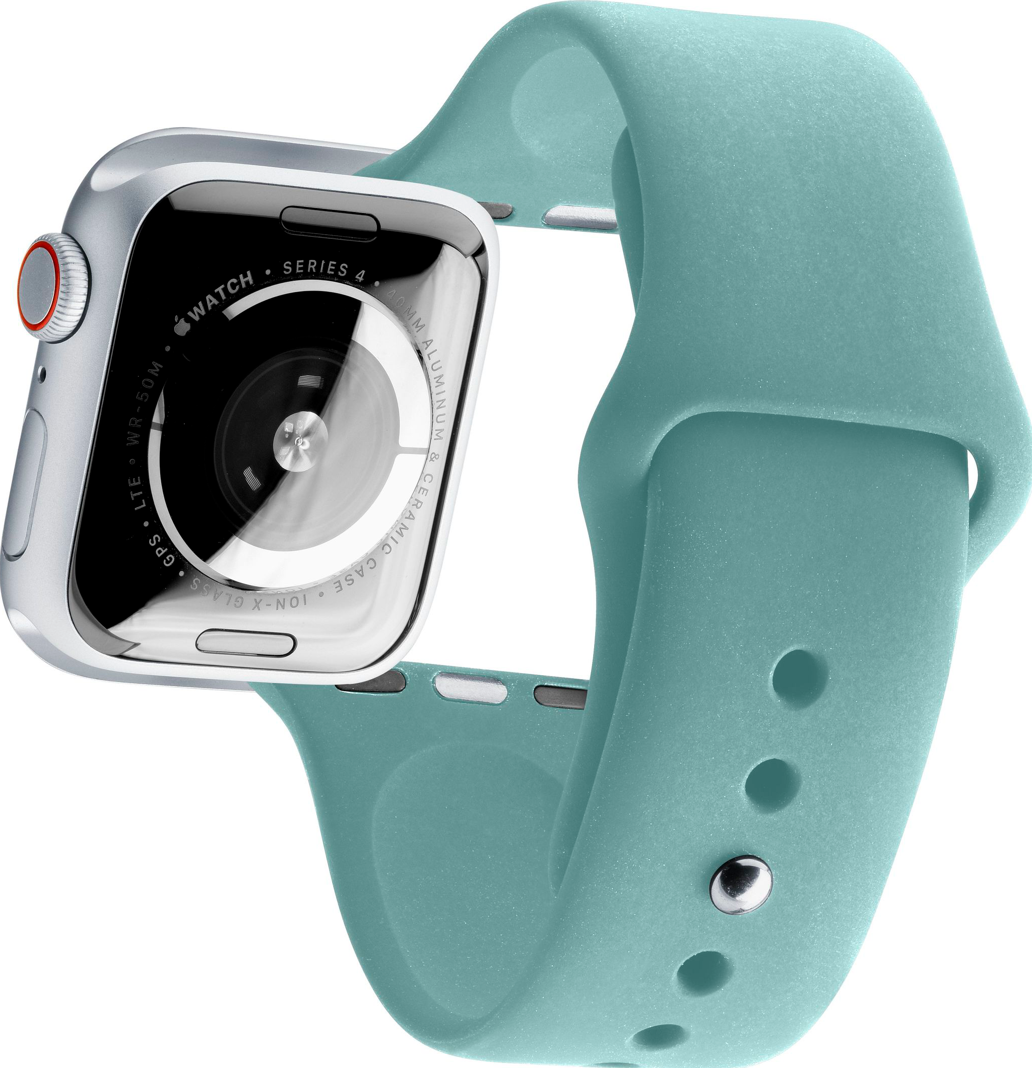 Silberne Apple Watch Series 4 mit teal Sportarmband, schräge Ansicht der Uhr und des Armbands.