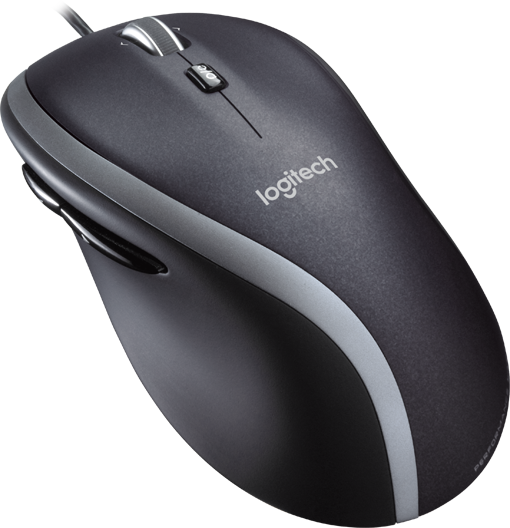 Egy fekete Logitech számítógépes egér ezüst görgetőkerékkel és logóval a tetején.