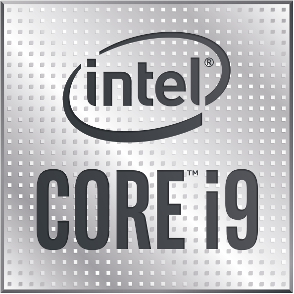 Intel Core i9 Logo auf silbernem Hintergrund, mit dem Intel-Logo oben.