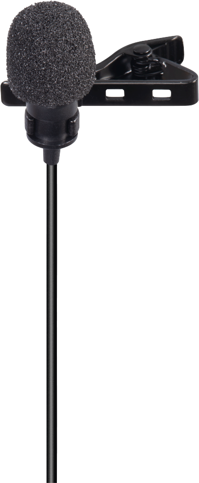 Un petit microphone noir avec une pince, sur un câble noir, sur fond noir.