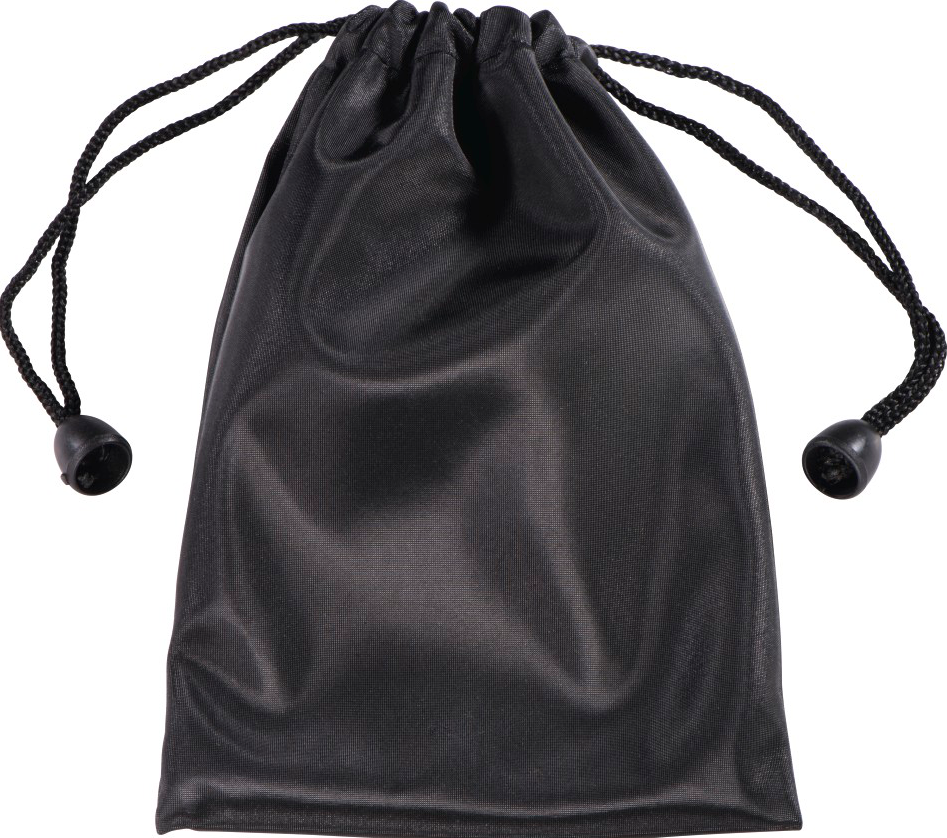Sac noir avec cordon de serrage, avec cordons noirs et deux stoppeurs en plastique noir.