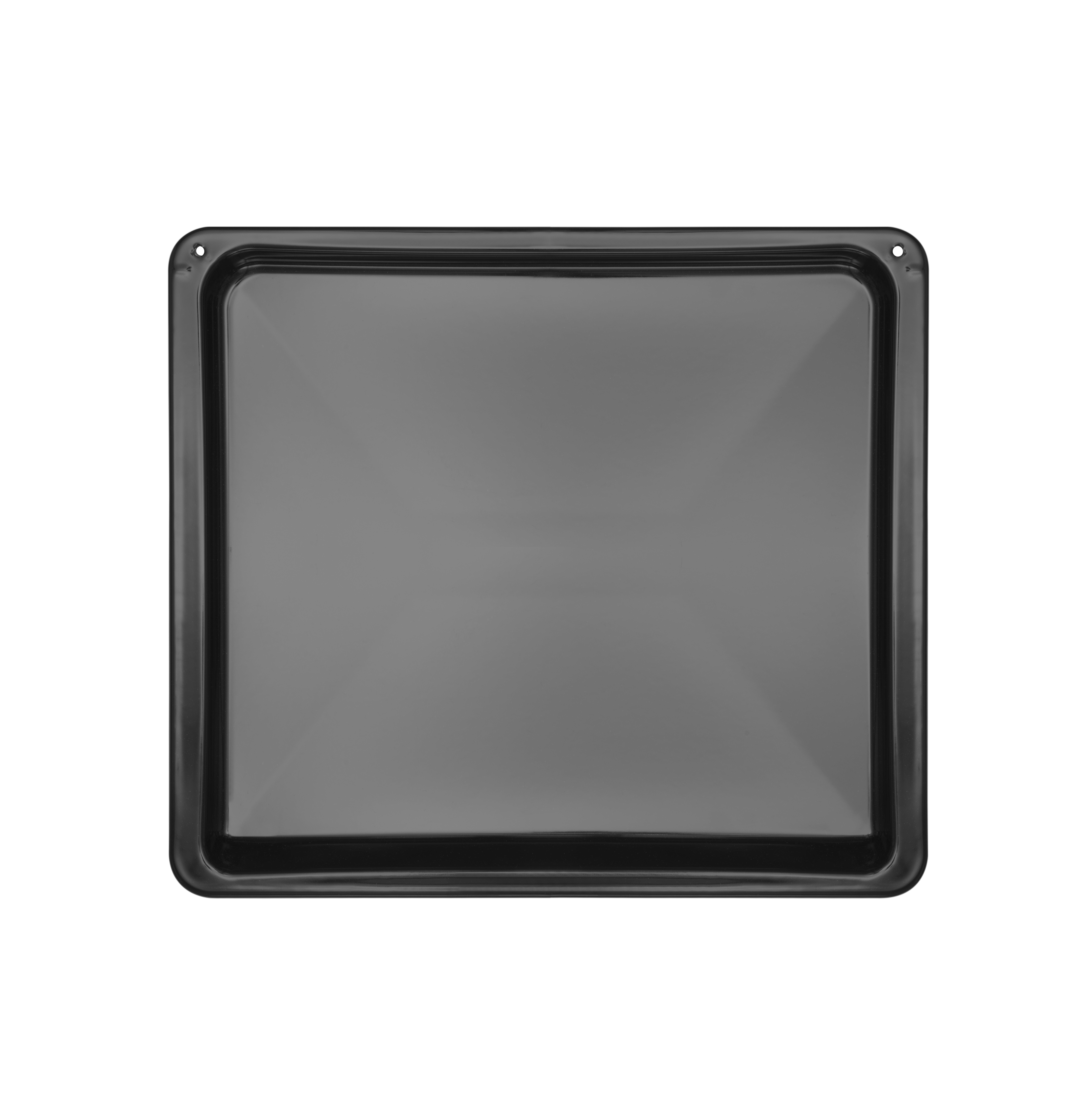 Ein schwarzes Backblech mit quadratischer Form.
