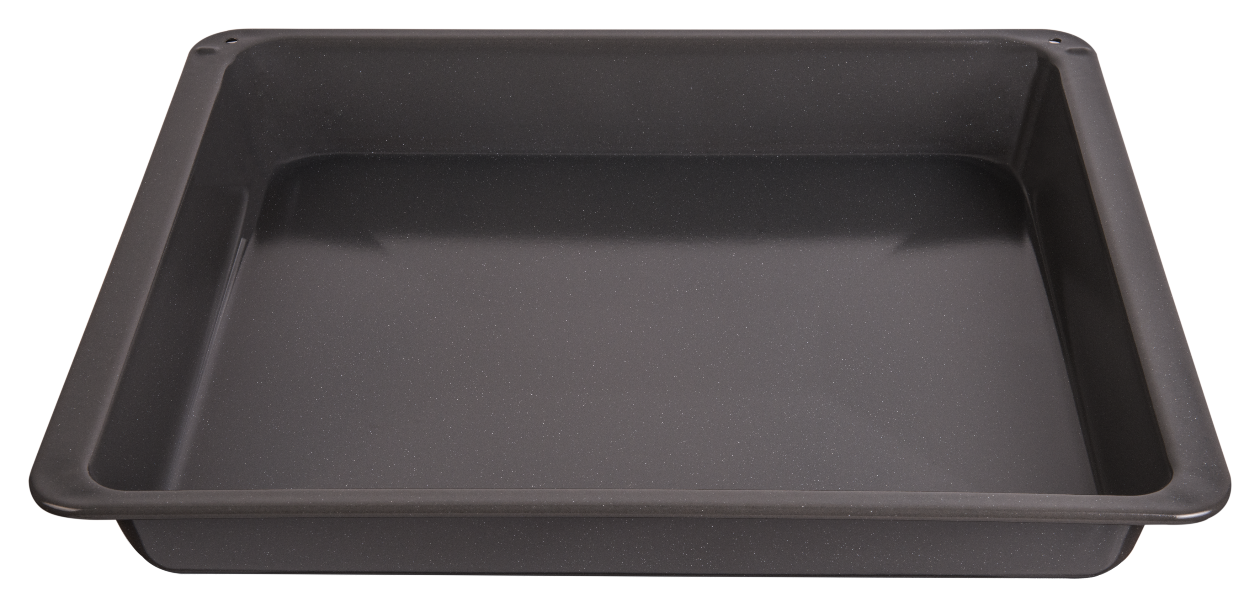 Ein schwarzes, rechteckiges Backblech. Das Blech ist leer und der Hintergrund ist schwarz.