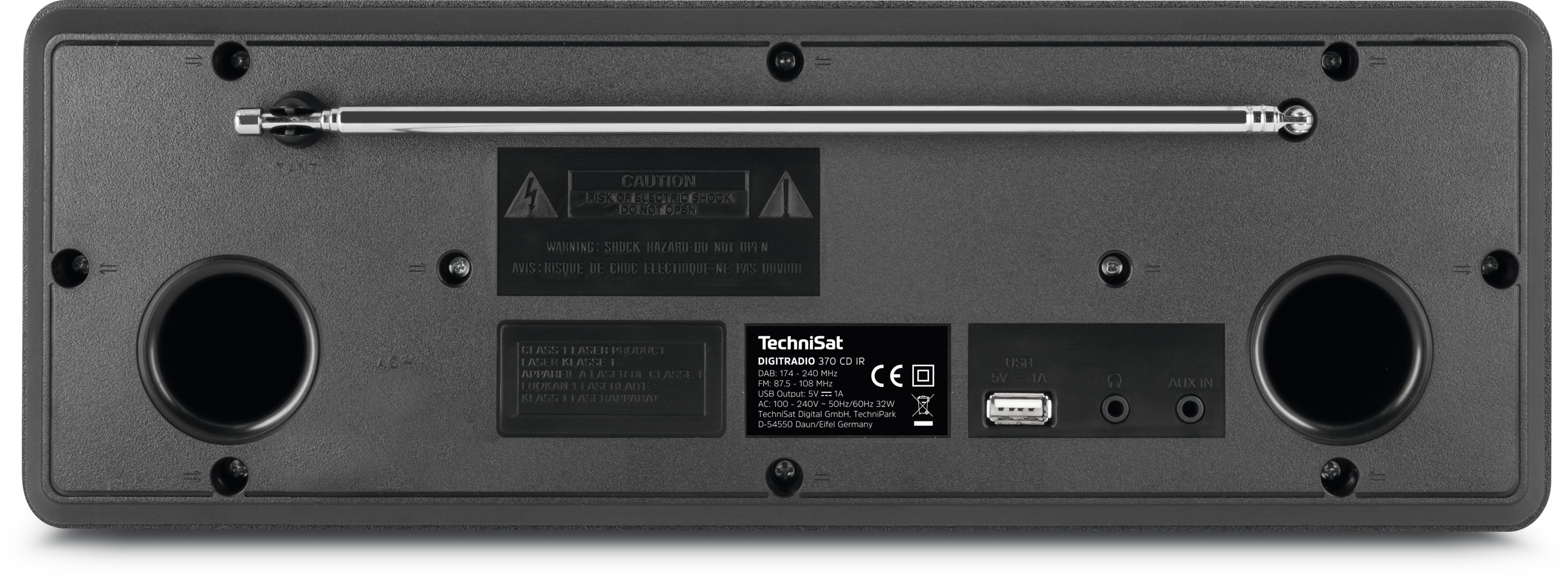 Die Rückseite eines schwarzen Radios. Schrauben, Anschlüsse und ein USB-Anschluss sind sichtbar.