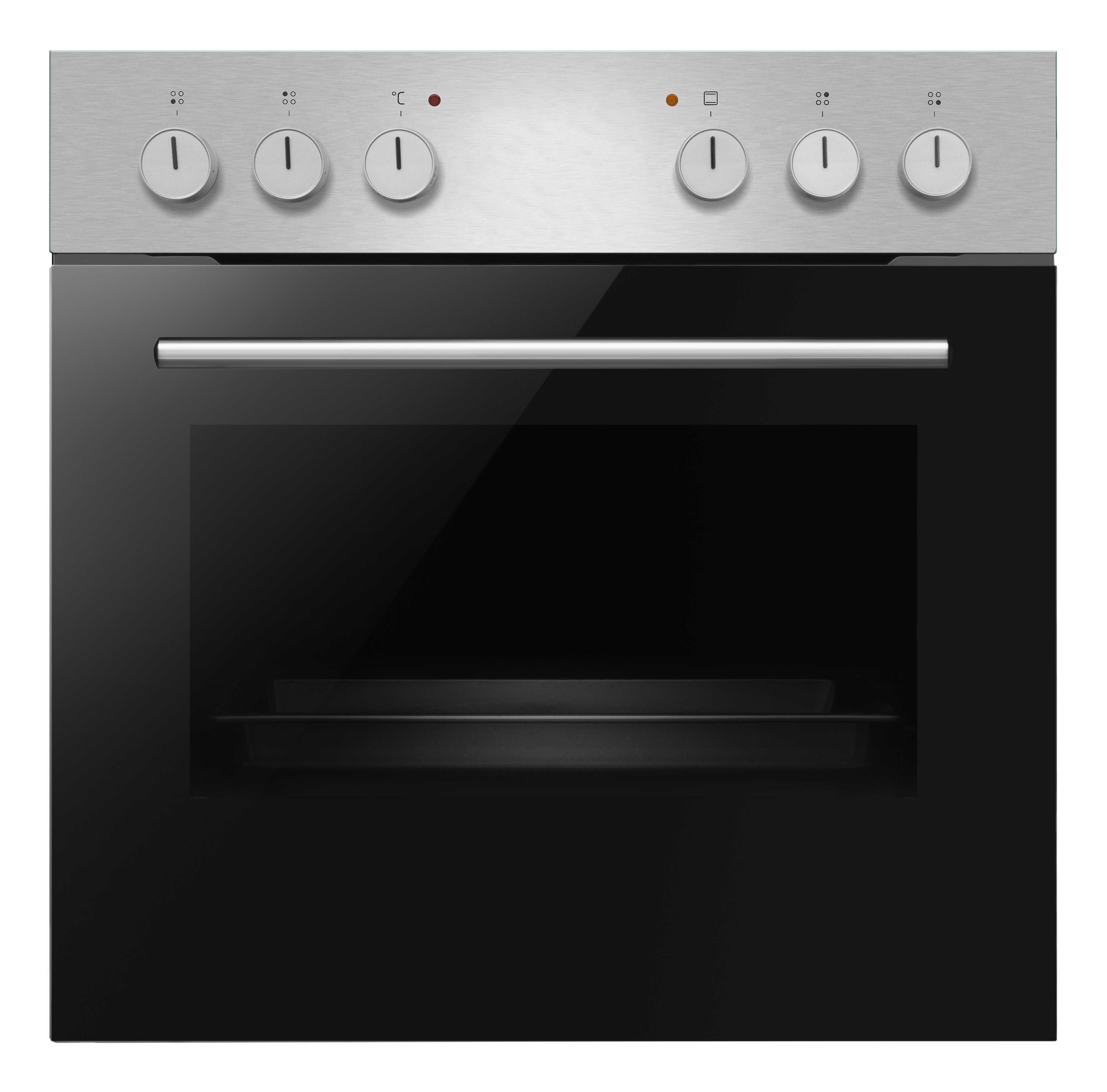 Ein Edelstahl-Backofen mit schwarzer Glastür und Bedienknöpfen oben.