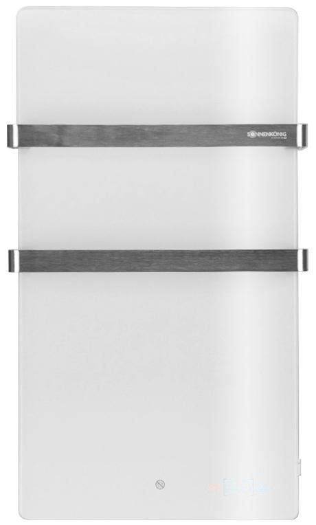 Weißer, rechteckiger Heizkörper mit zwei horizontalen Chromstangen zum Aufhängen von Handtüchern.