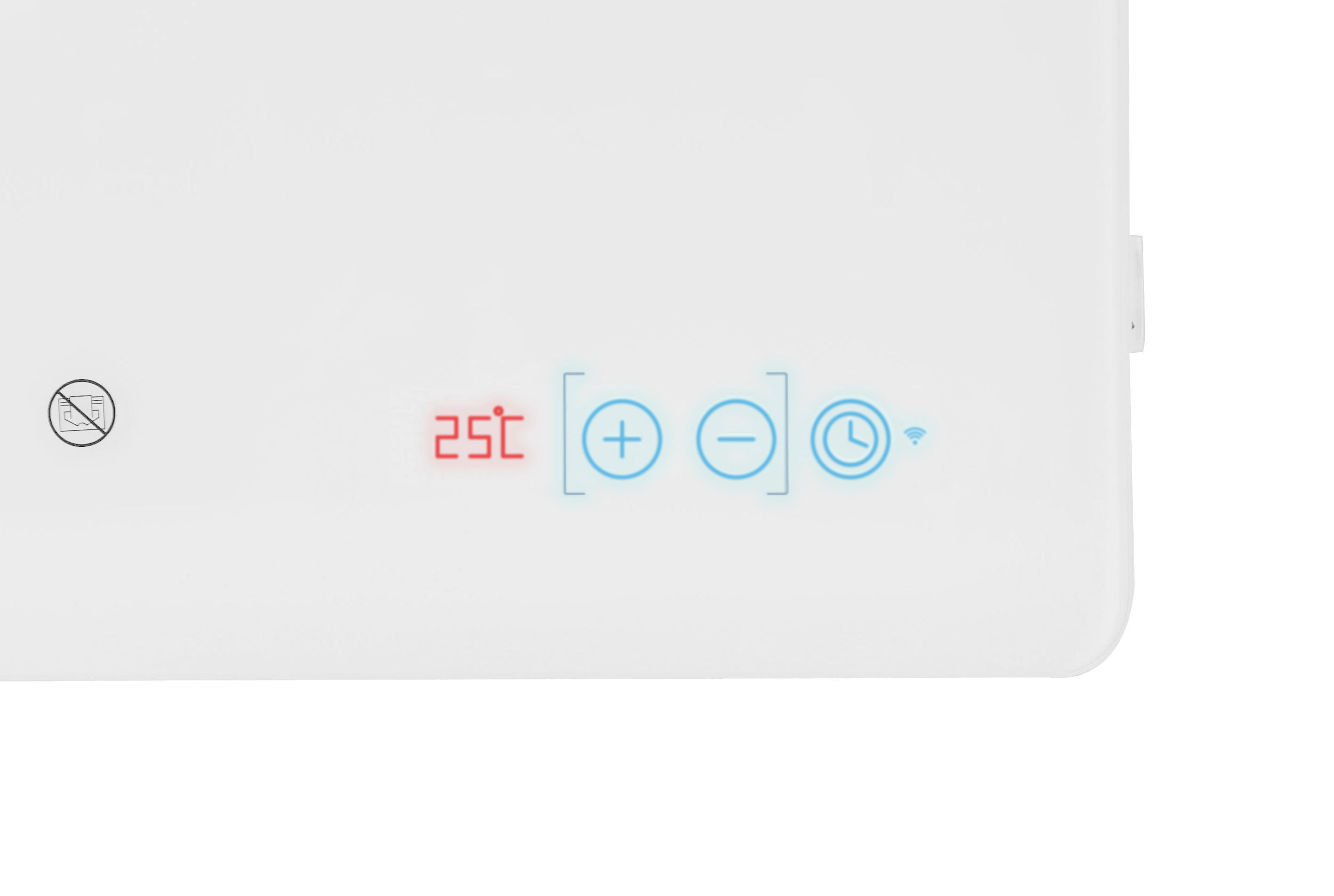 Ein weißes Bedienfeld mit roter Temperaturanzeige und blauen Tasten.