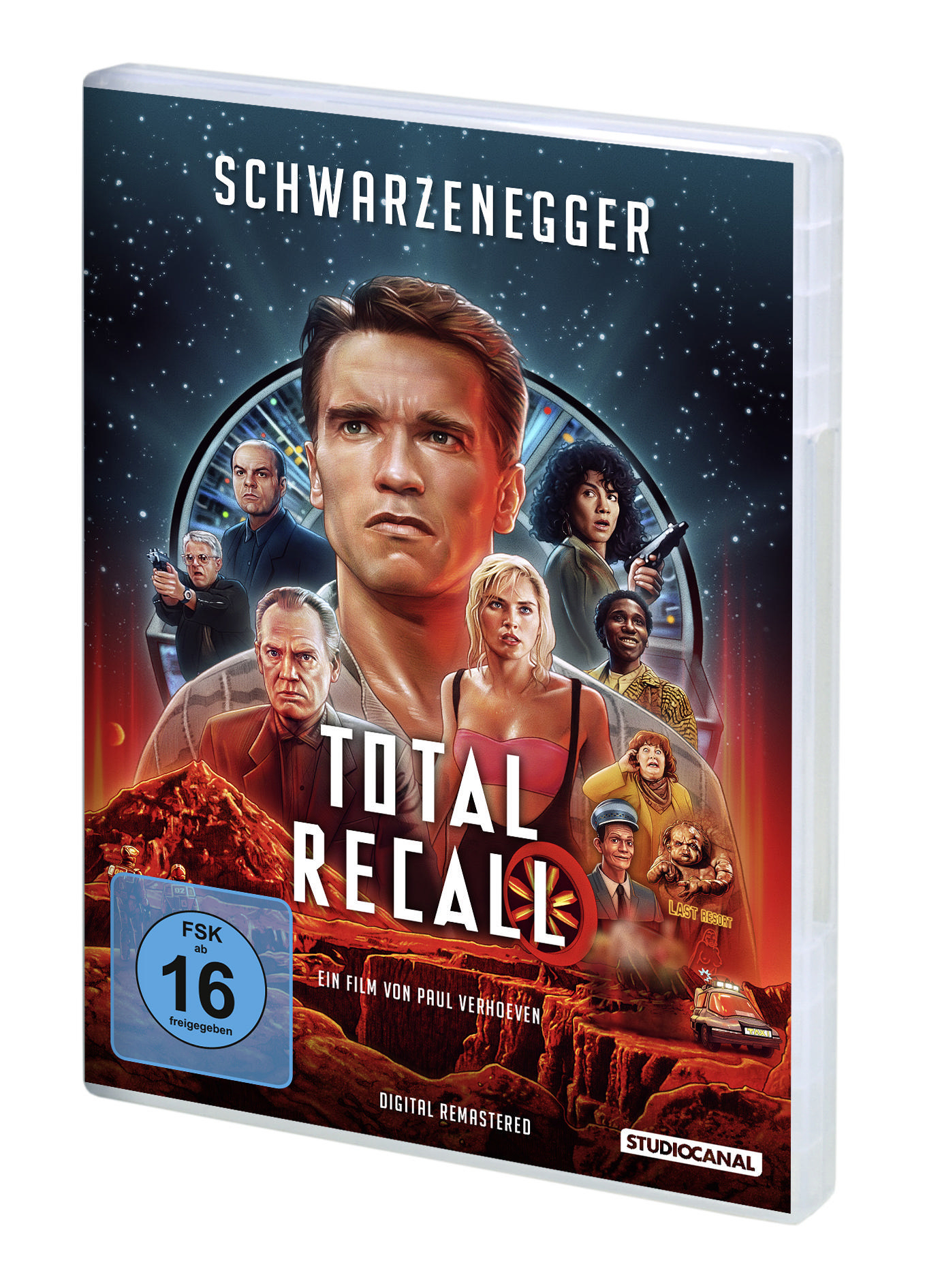 Total Recall DVD-Hülle mit Arnold Schwarzenegger, Filmplakat. Weißer Hintergrund.
