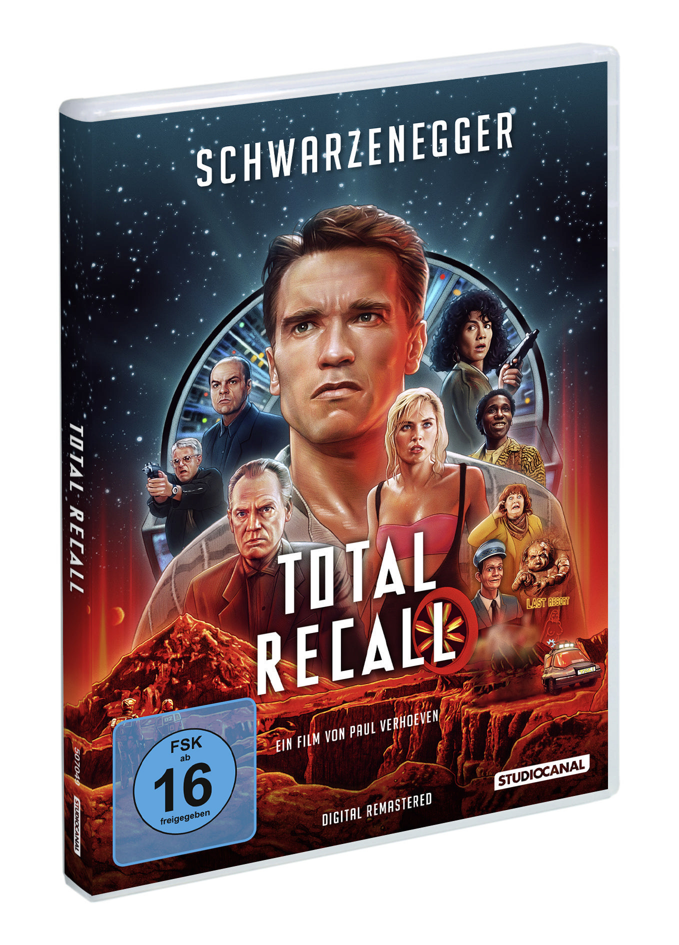 Total Recall DVD-Hülle mit Arnold Schwarzenegger, Filmplakat. Weißer Hintergrund.