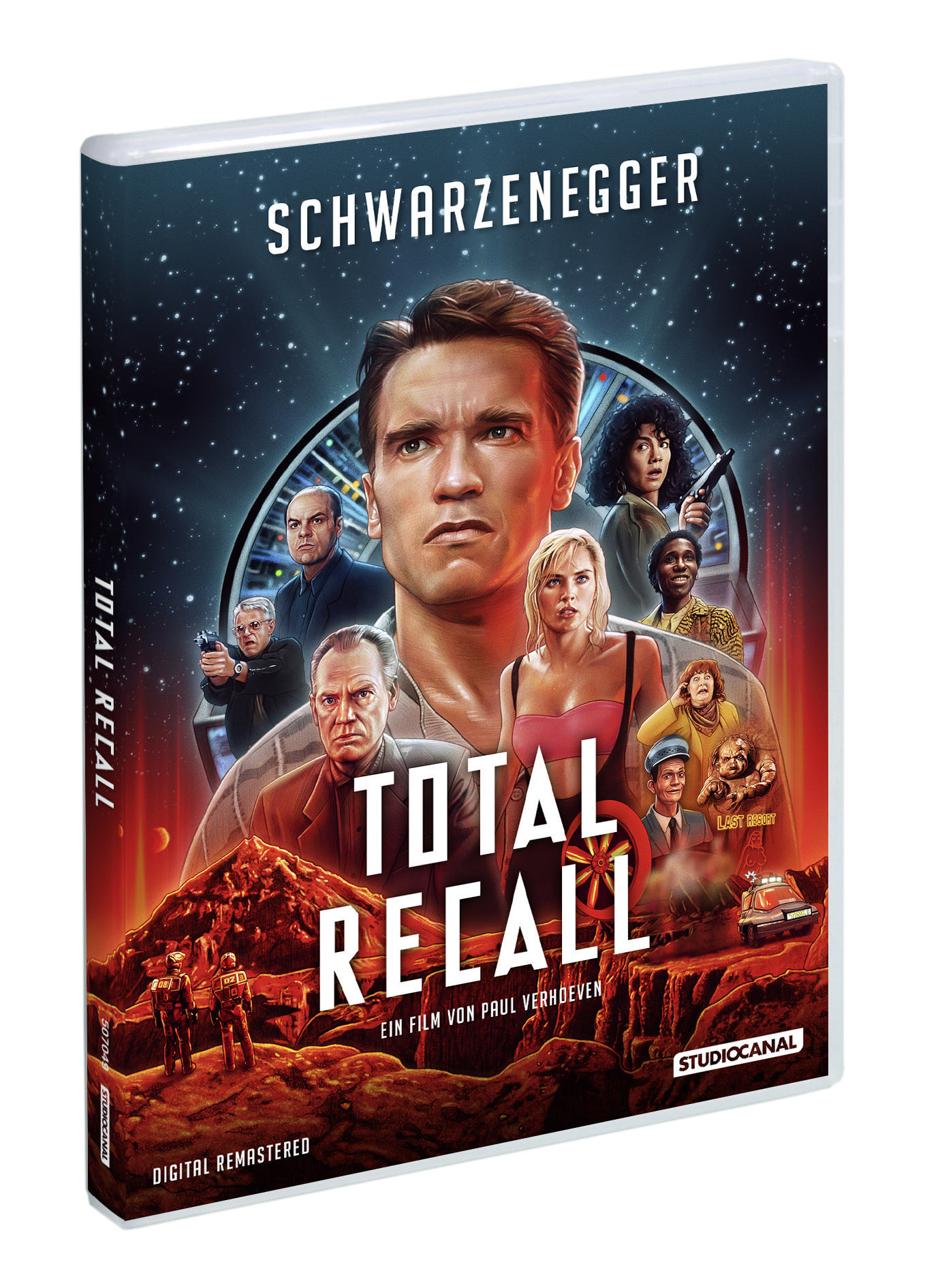Total Recall DVD-Hülle mit Arnold Schwarzenegger, Filmplakat. Weißer Hintergrund.