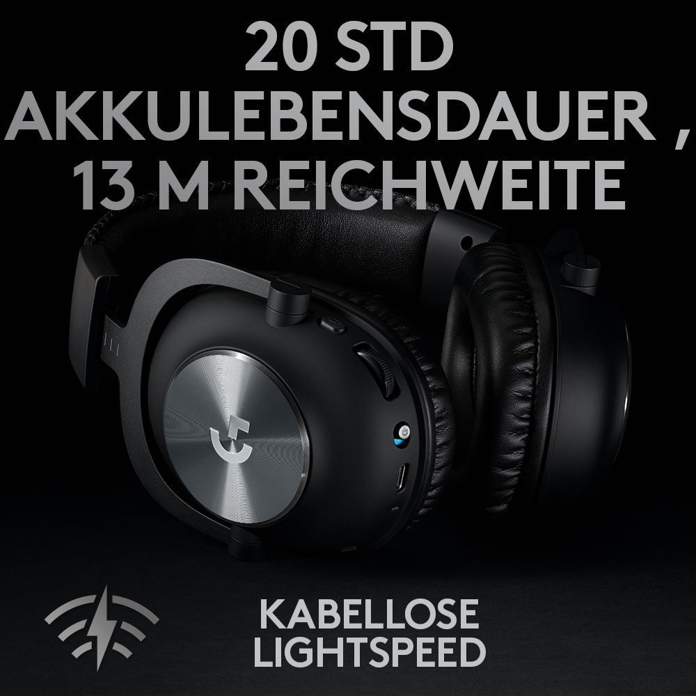 Schwarzer Kopfhörer mit schwarzem Text: 20 STD Akkulaufzeit, 13 M Reichweite.