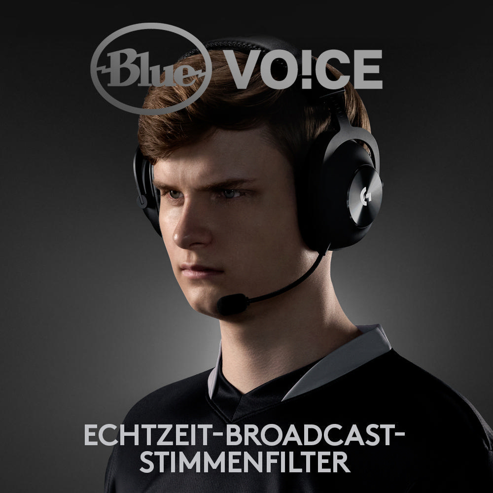 Ein Mann trägt Kopfhörer mit Mikrofon, die Marke ist Blue Voice.