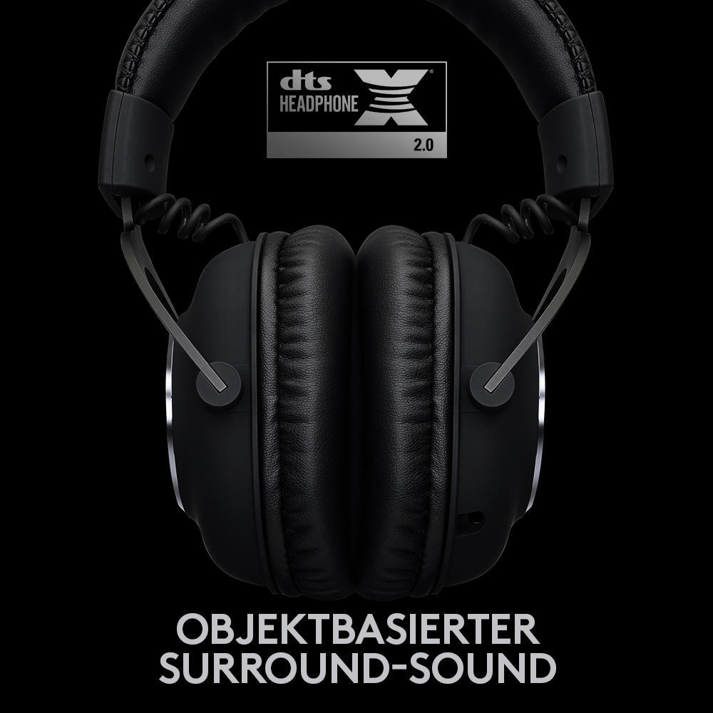Schwarze Kopfhörer mit DTS HEADPHONE:X 2.0 Logo und Text: Surround-Sound.