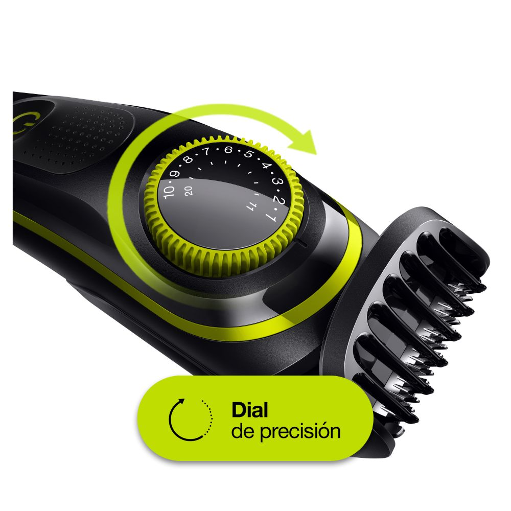 Primer plano de un recortador de barba Philips. Dial con números.