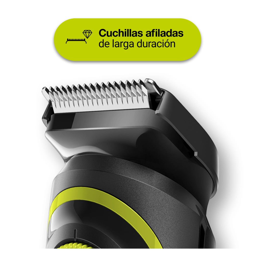 Primer plano de un cabezal de recortadora negro y verde sobre fondo blanco. Un cuadro de texto verde dice: 'Cuchillas afiladas'.
