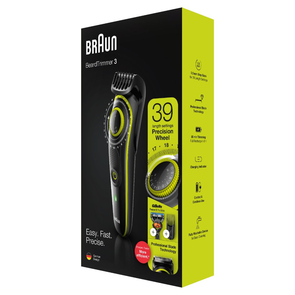 Caja Braun BeardTrimmer 3. Se muestran el recortador y sus características. Colores amarillo y negro.