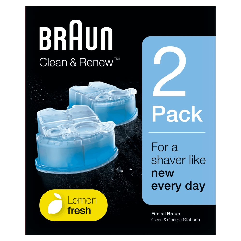 Dos cartuchos Braun Clean & Renew en un paquete. Texto: Lemon fresh, 2 unidades.