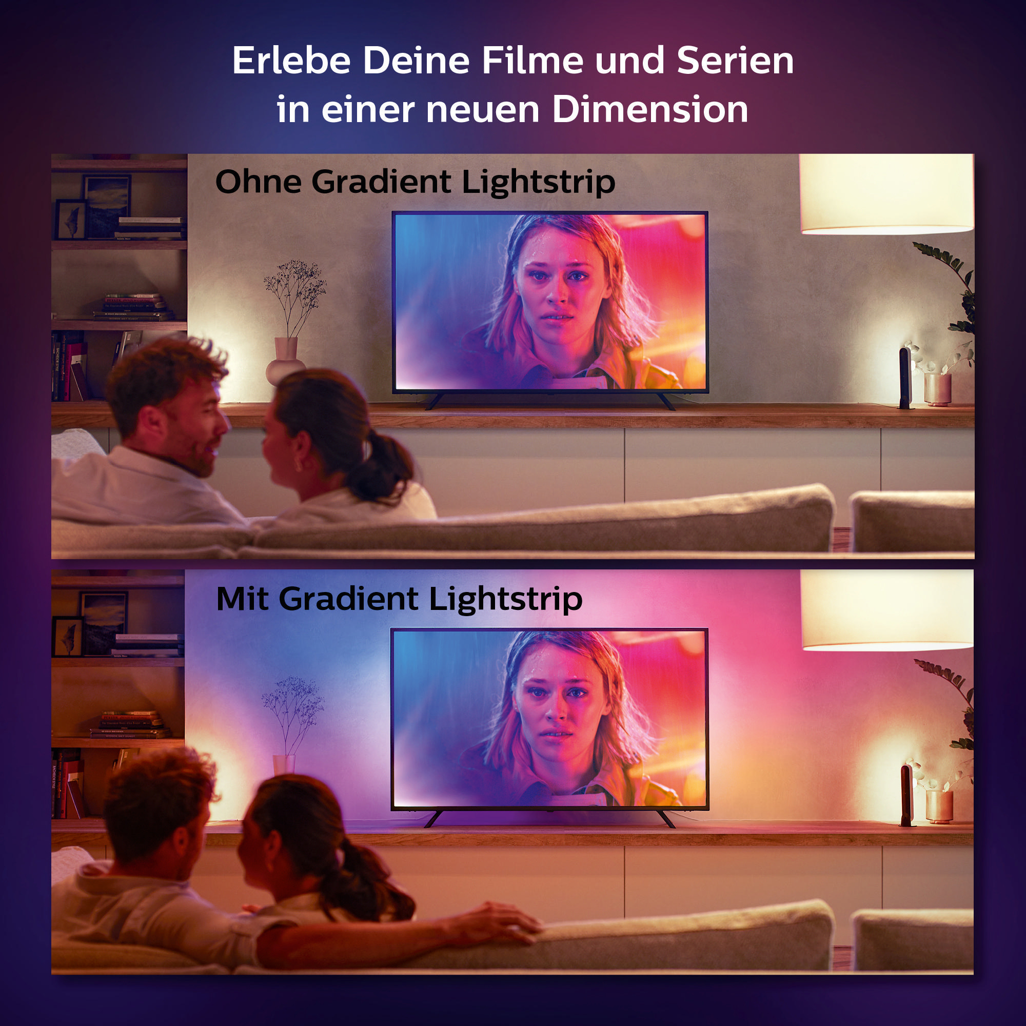 Wohnzimmer mit TV, Paar auf Sofa, mit und ohne Licht.