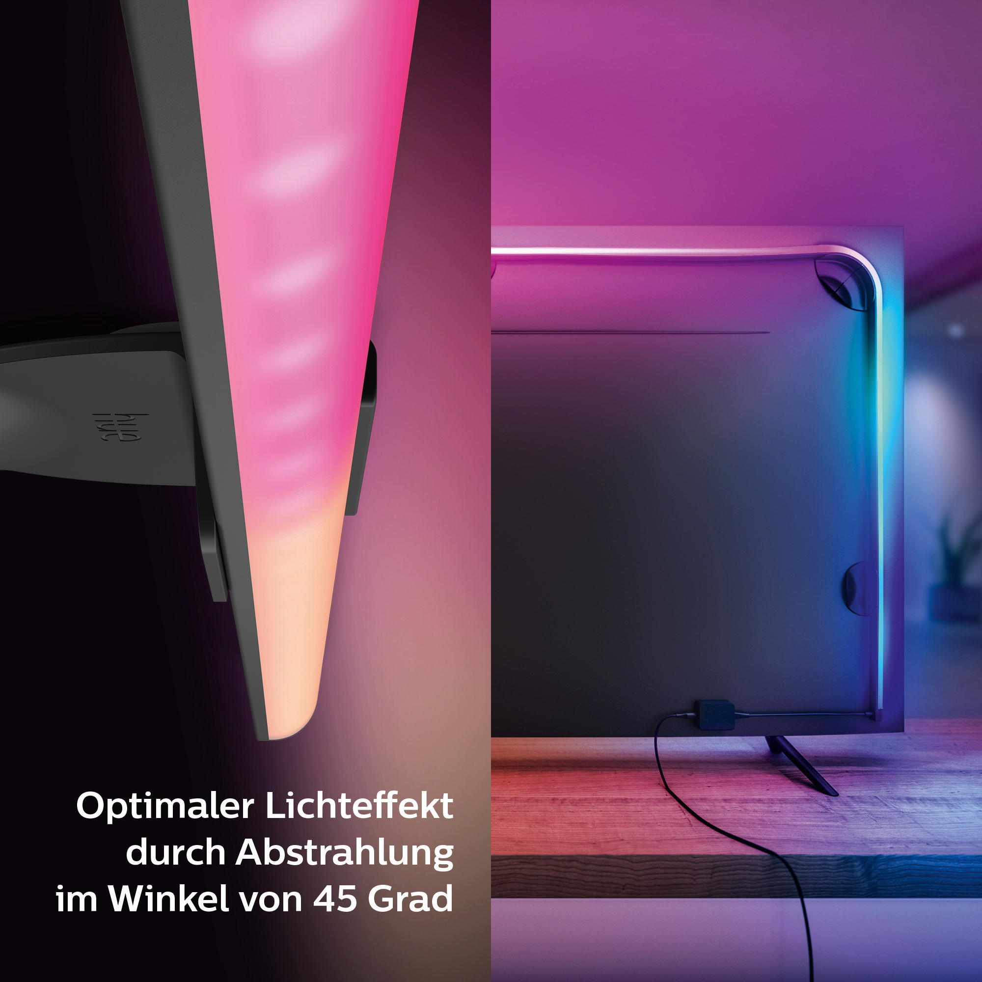 TV-Bildschirm mit rosa und blauer Beleuchtung. Der Fernseher steht auf einer Holzoberfläche. Text an der Seite.
