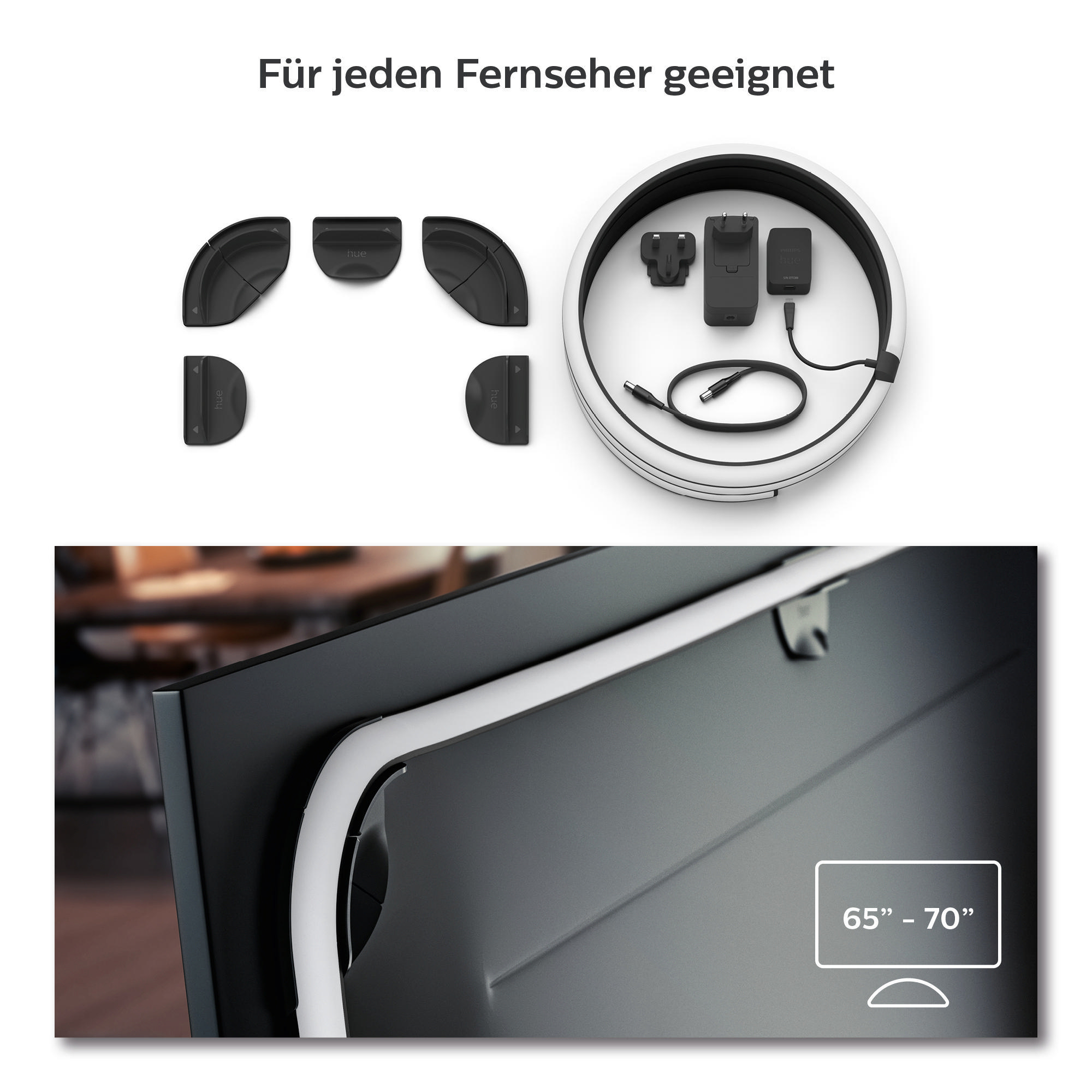 Ein schwarzes TV-Surround-Lichtset mit Komponenten und einem 65"-70"-Bildschirm.