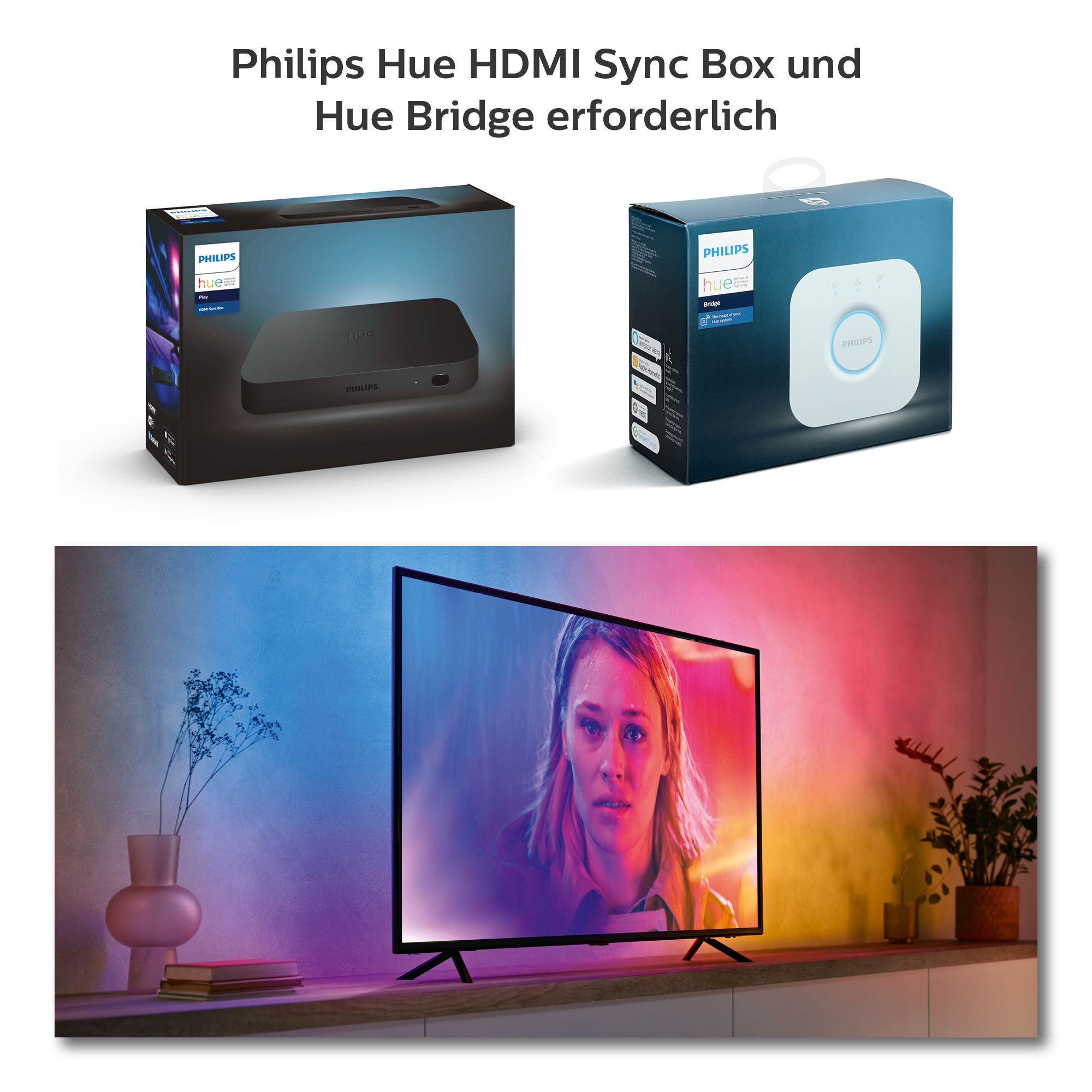 Zwei Boxen mit einem Fernseher mit einer Frau. Die Boxen haben die Marke Philips.