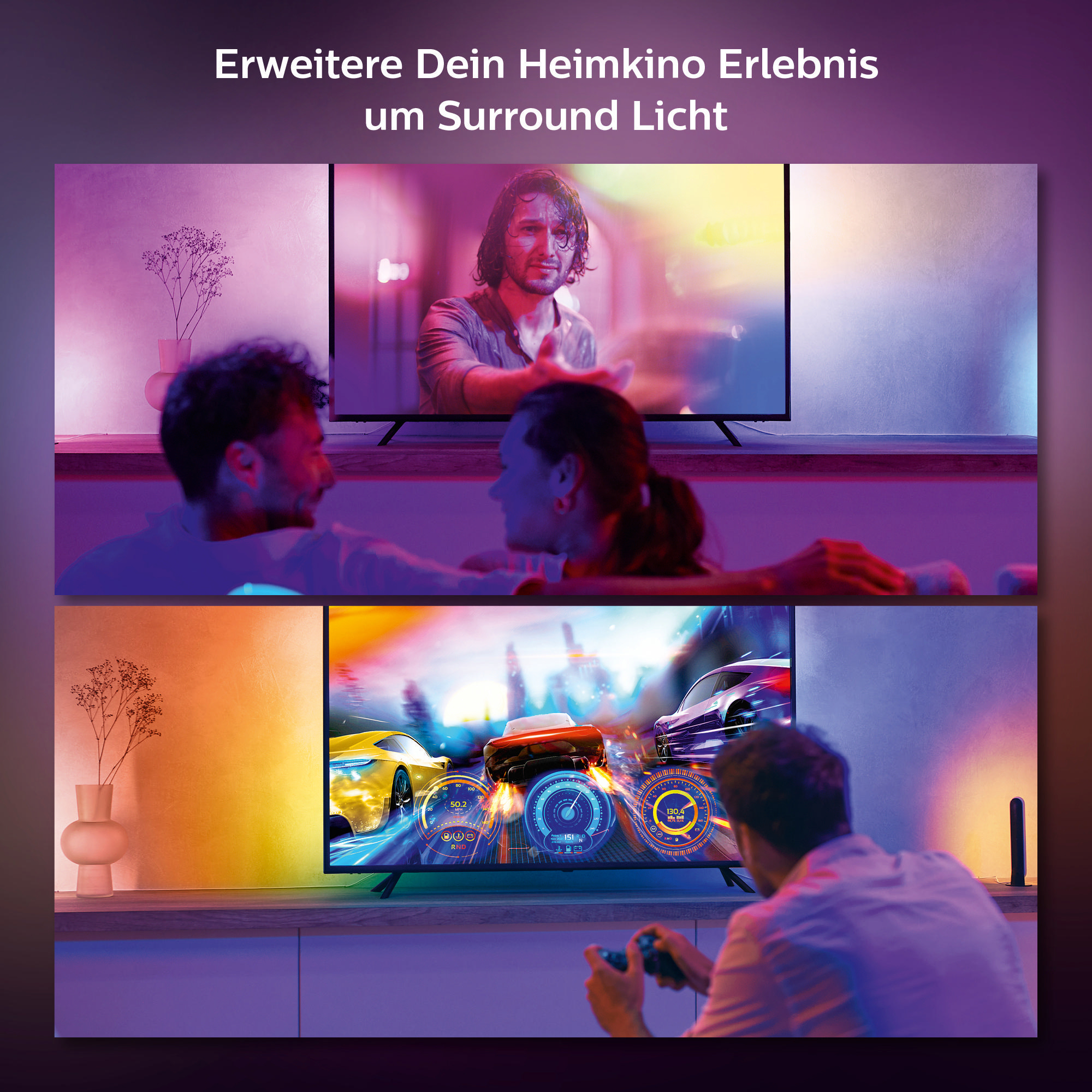 Ein Paar schaut fern mit Surround-Licht, und ein Mann spielt.