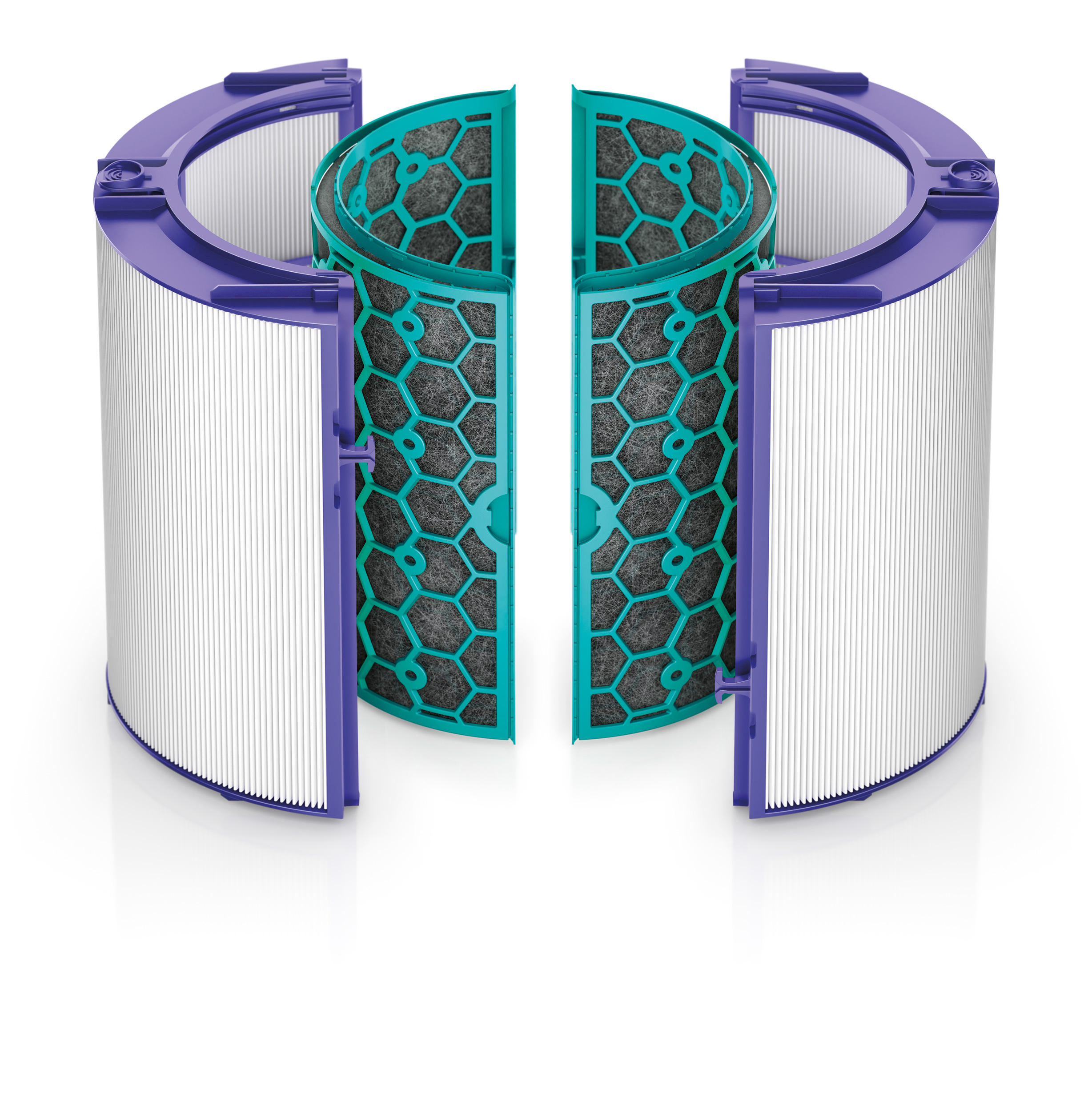 Weiß-violetter Luftfilter mit teal-farbenem Filter innen, isoliert auf Weiß.