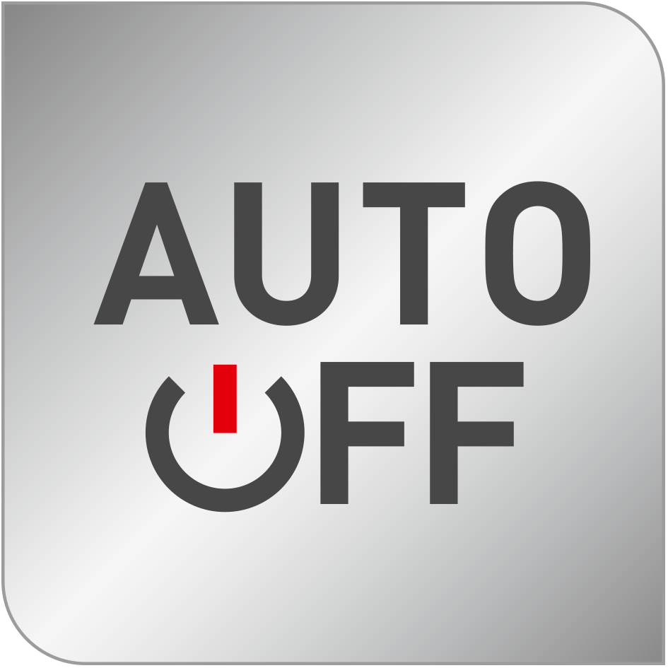 Ein graues quadratisches Symbol mit 'AUTO OFF' in fetter Schrift, mit einem Ein-/Ausschalter-Symbol in der Mitte.